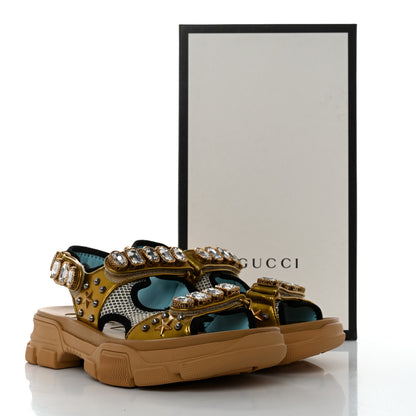 Gucci Silk Calfskin Mesh Crystal Embellished Studded Womens Aguru Sandals 38 Gold 8 of 8