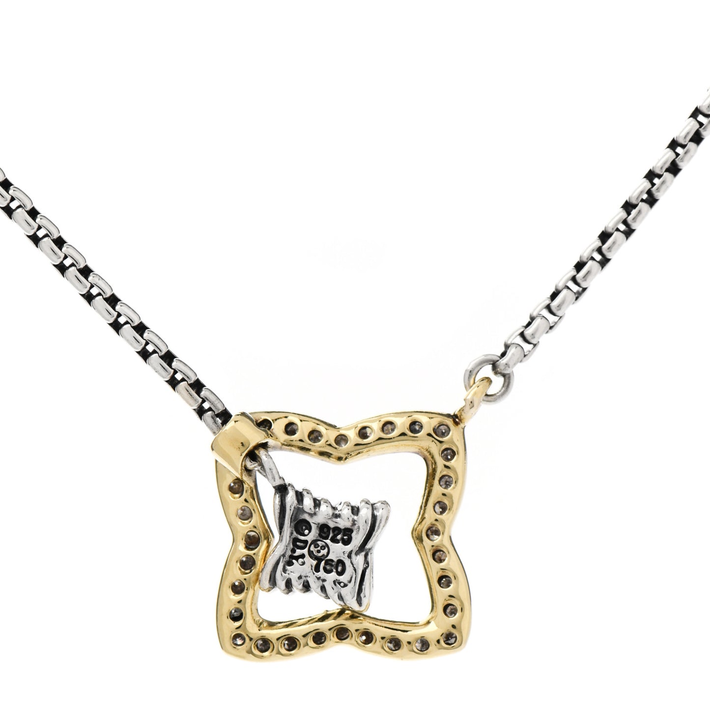 Sterling Silver 18K Yellow Gold Diamond 17mm Quatrefoil Lariat Necklace
