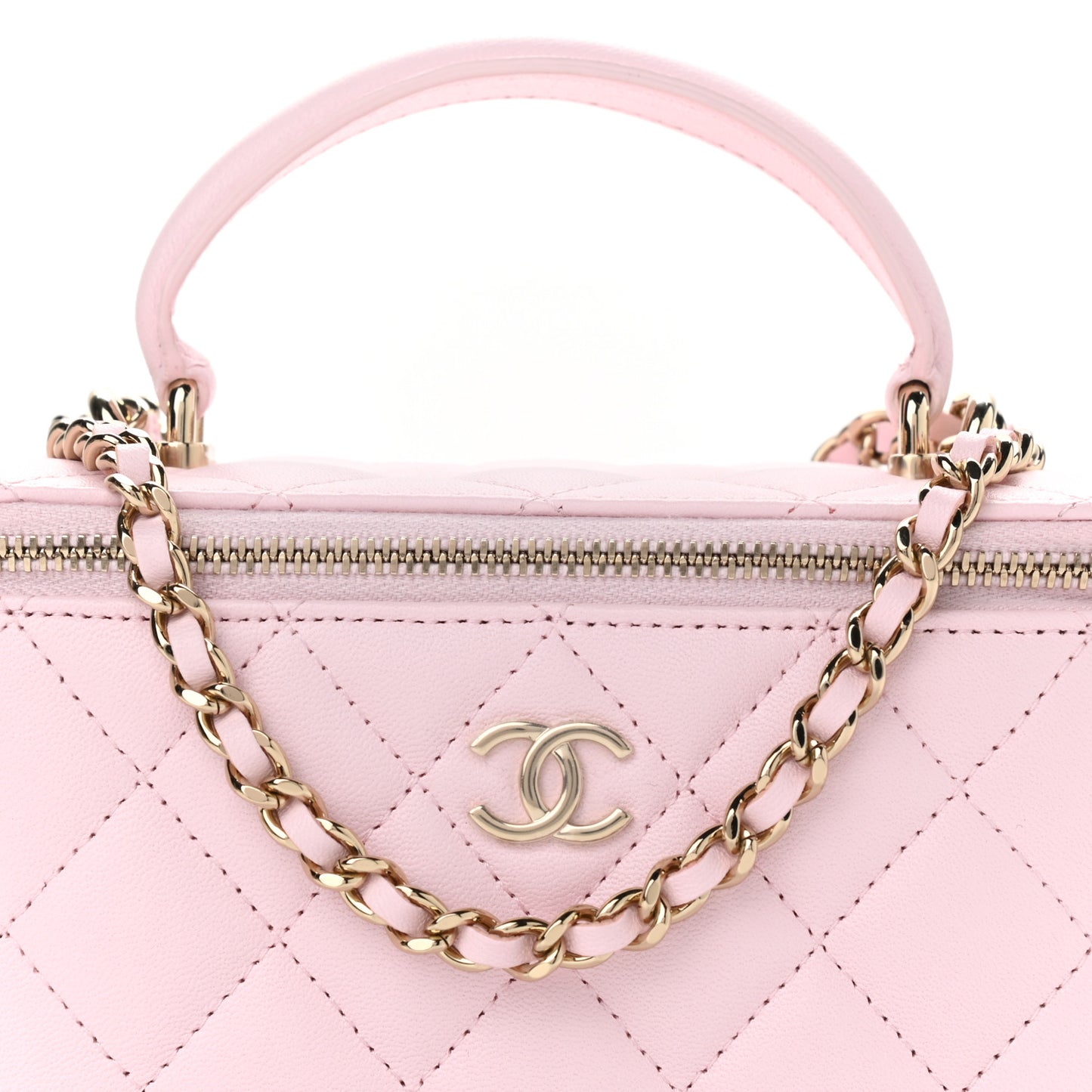 Lambskin Quilted Small Top Handle Vanity Case With Chain Light Pink