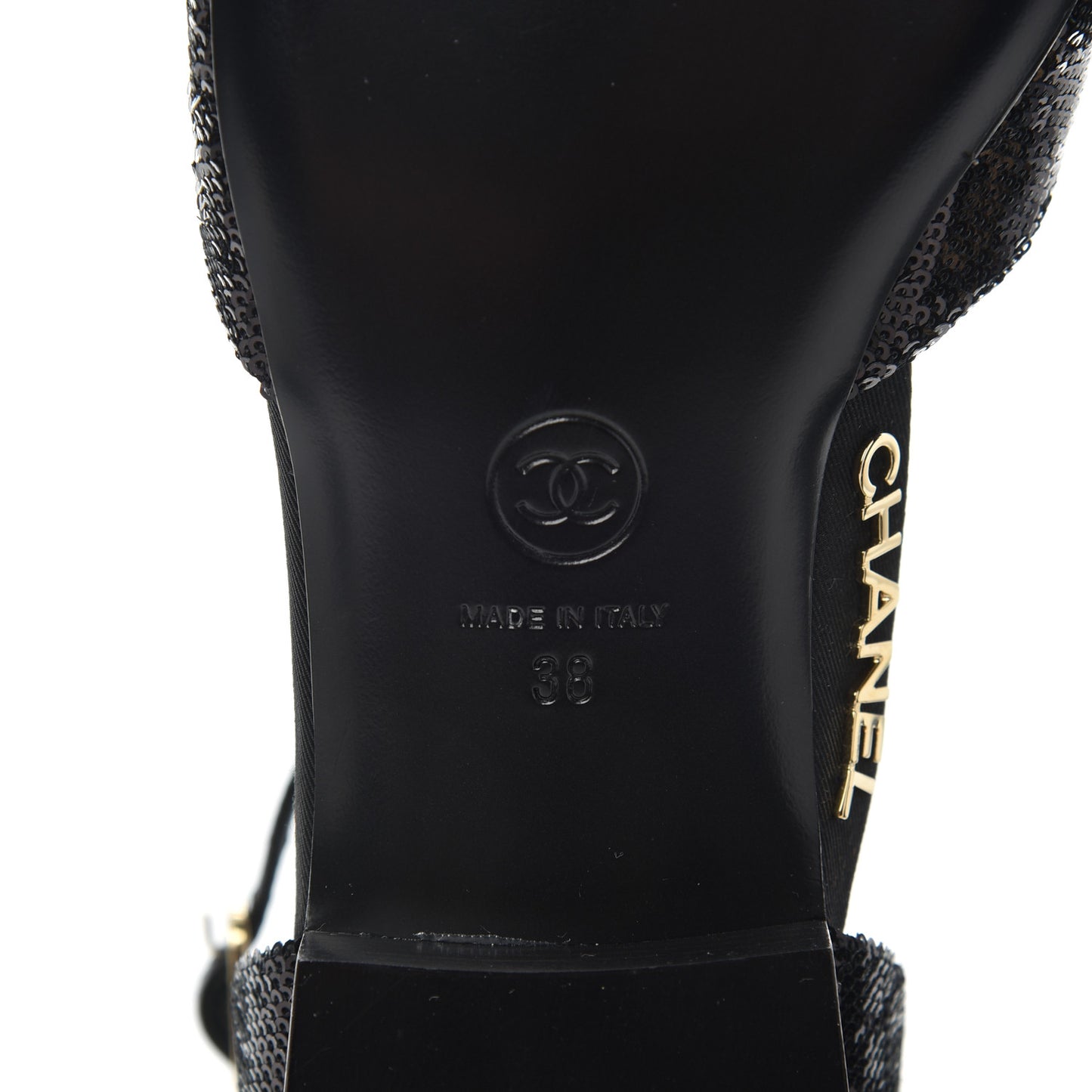 Sequin Grosgrain Cap Toe CC Ankle Strap Sandals 38 Black