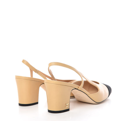 Chanel Goatskin Grosgrain Cap Toe CC Slingback Pumps 39 Beige Black 4 of 10