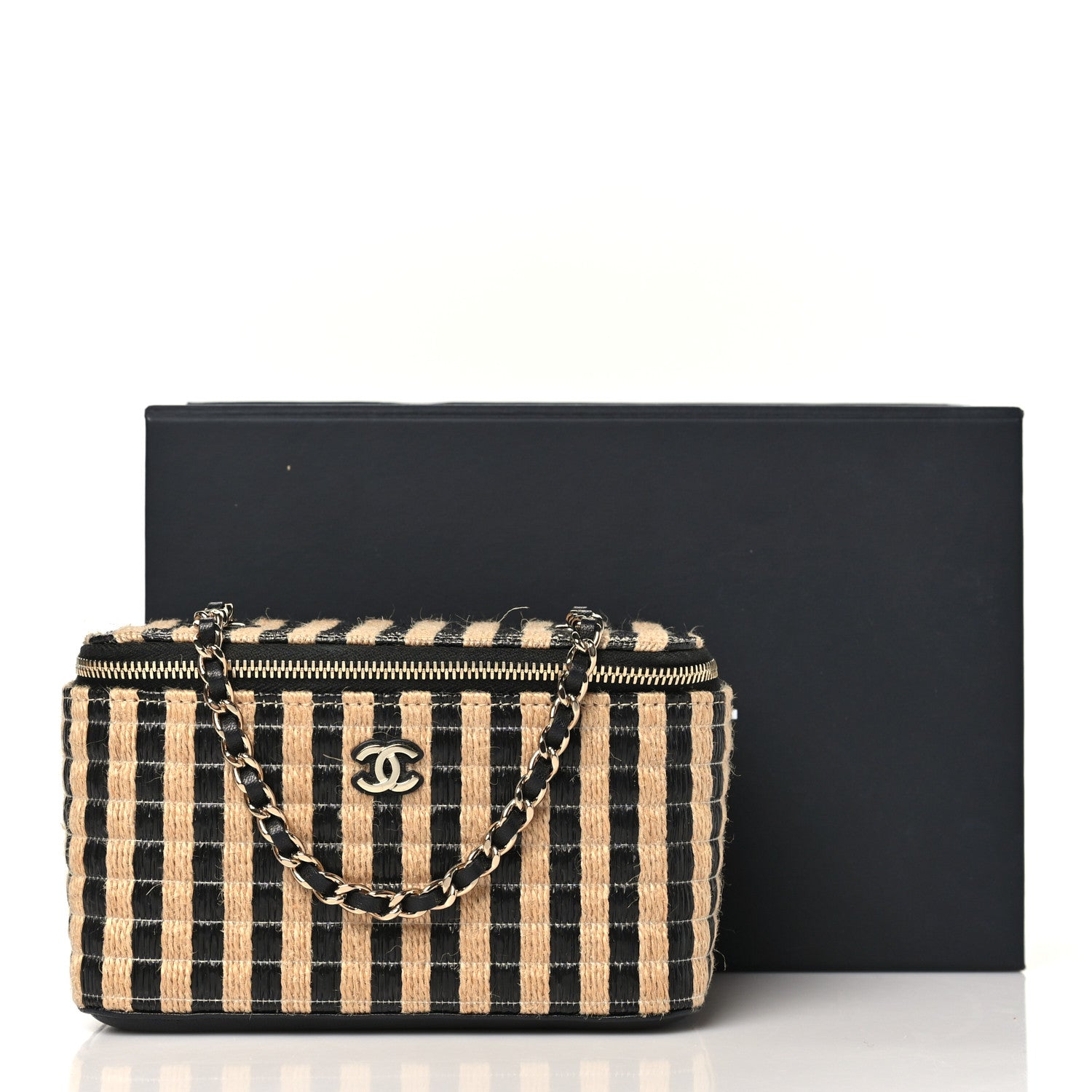 Chanel Raffia Jute Striped Small Vanity Case With Chain Black Beige 11 of 11