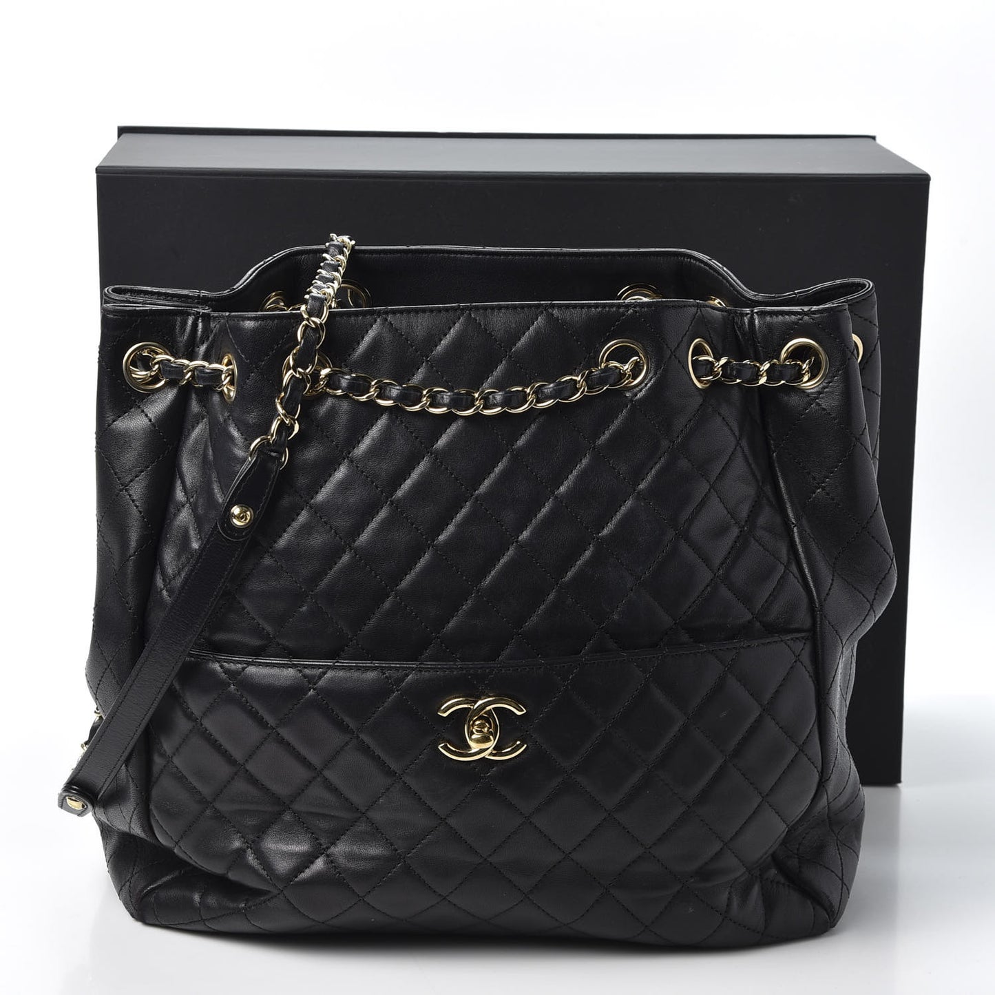 Lambskin Quilted Large Drawstring Bag Black