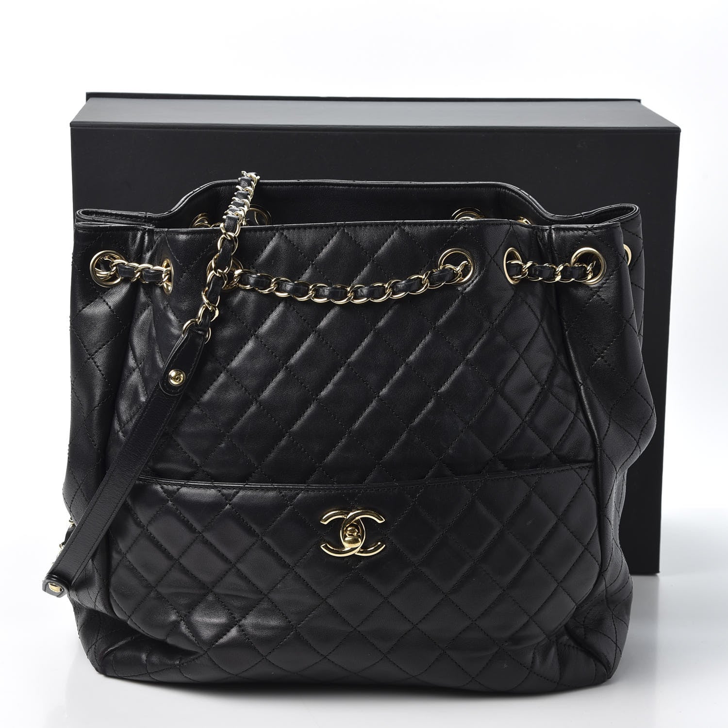 Chanel Lambskin Quilted Large Drawstring Bag Black 10 of 10