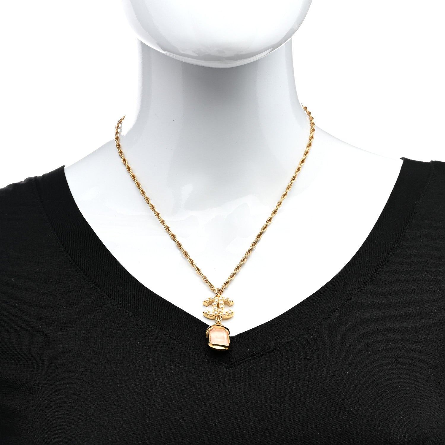 Chanel Pearl Crystal CC Pendant Necklace Gold Pink Pearly White 2 of 5