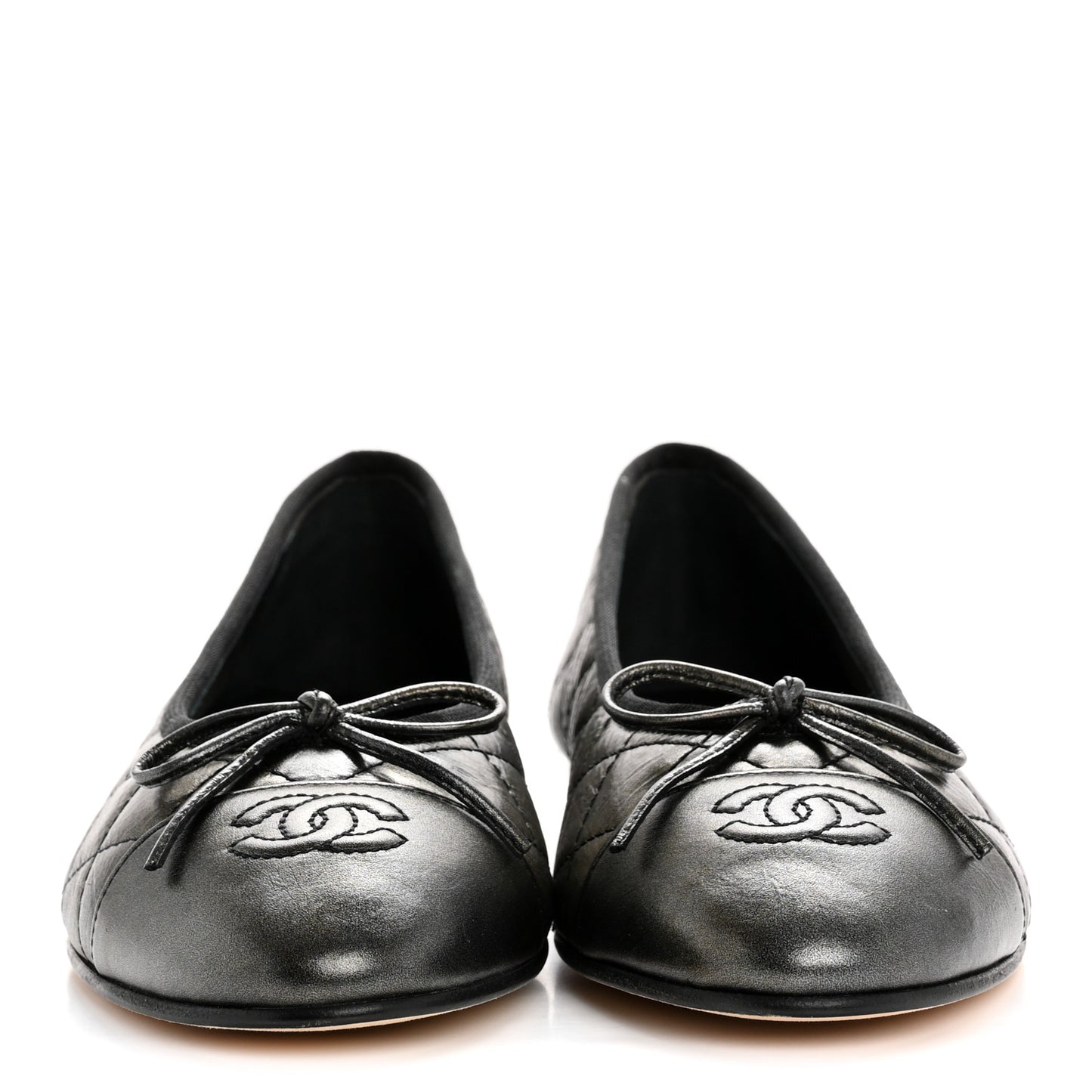 Metallic Aged Calfskin Quilted CC Cap Toe Ballerina Flats 38.5 Dark Silver
