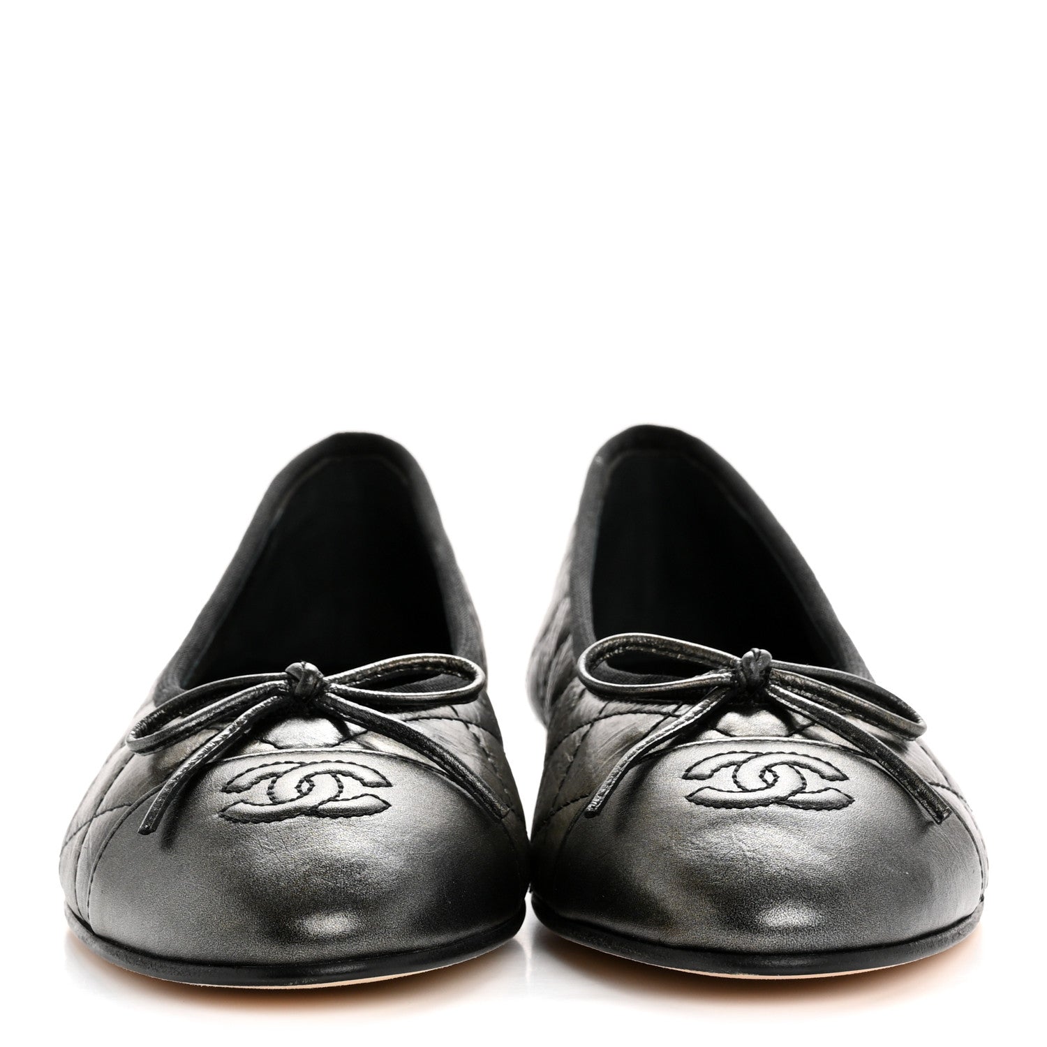Chanel Metallic Aged Calfskin Quilted CC Cap Toe Ballerina Flats 38.5 Dark Silver 3 of 10