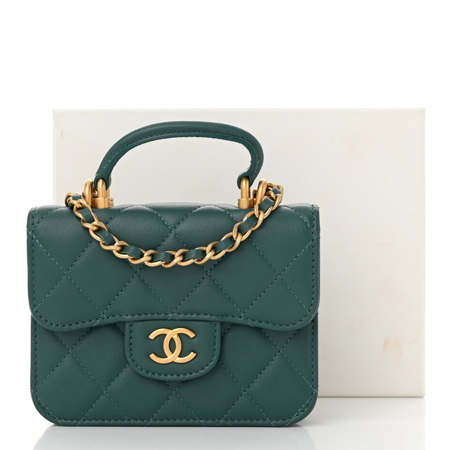 Lambskin Quilted Top Handle Flap Coin Purse With Chain Green