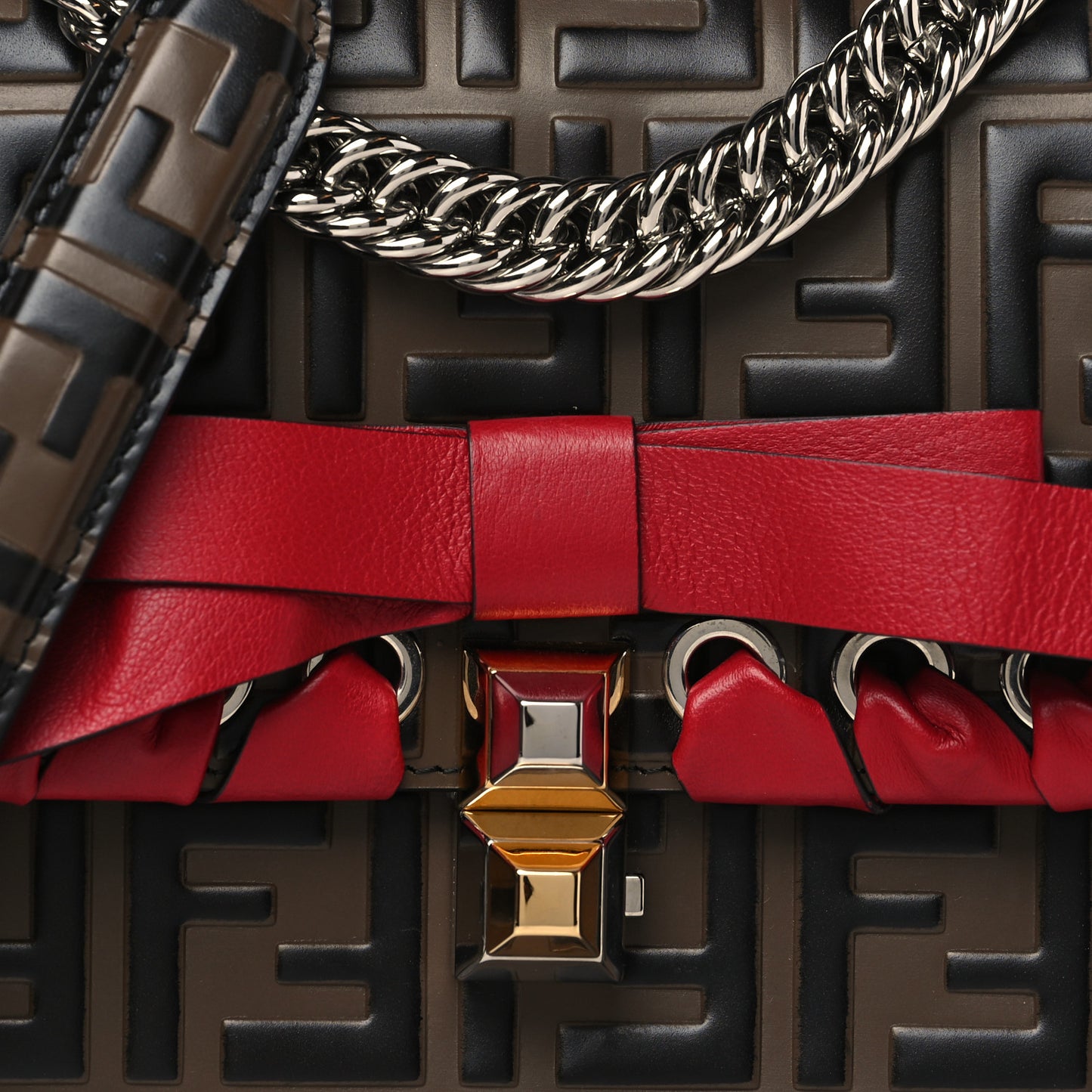 Vitello Shiny Nappa Bi-Color FF 1974 Lace Up Bow Embossed Small Kan I Shoulder Bag Maya Black Fragola