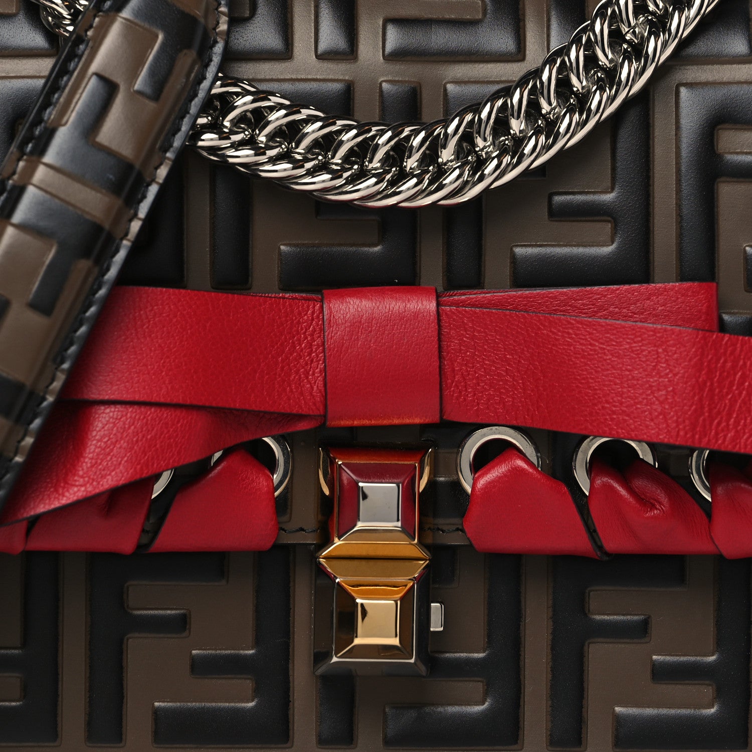 Fendi Vitello Shiny Nappa Bi-Color FF 1974 Lace Up Bow Embossed Small Kan I Shoulder Bag Maya Black Fragola 9 of 11