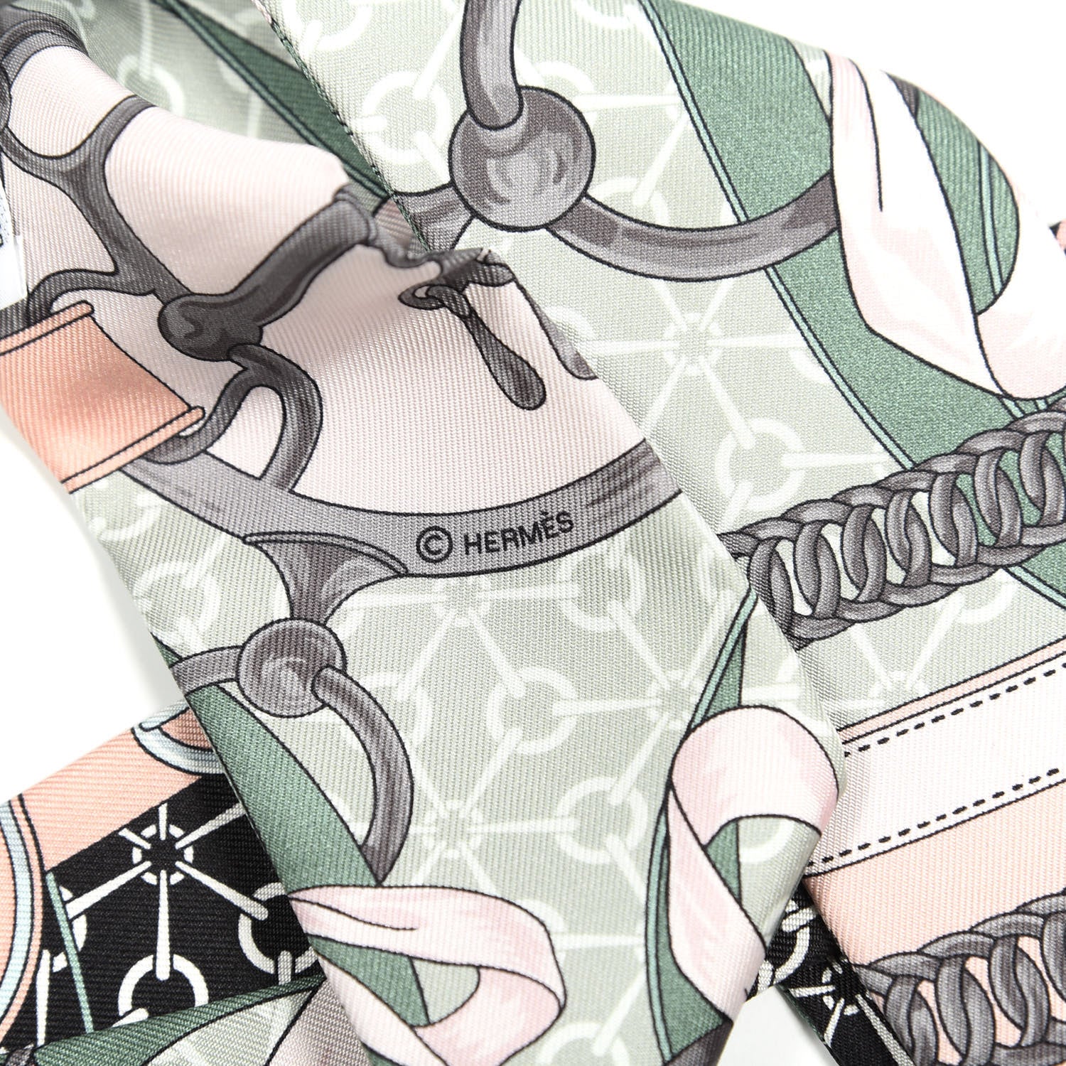 Hermes Silk La Promenade Du Matin Twilly Noir Rose Poudre Celadon 3 of 3