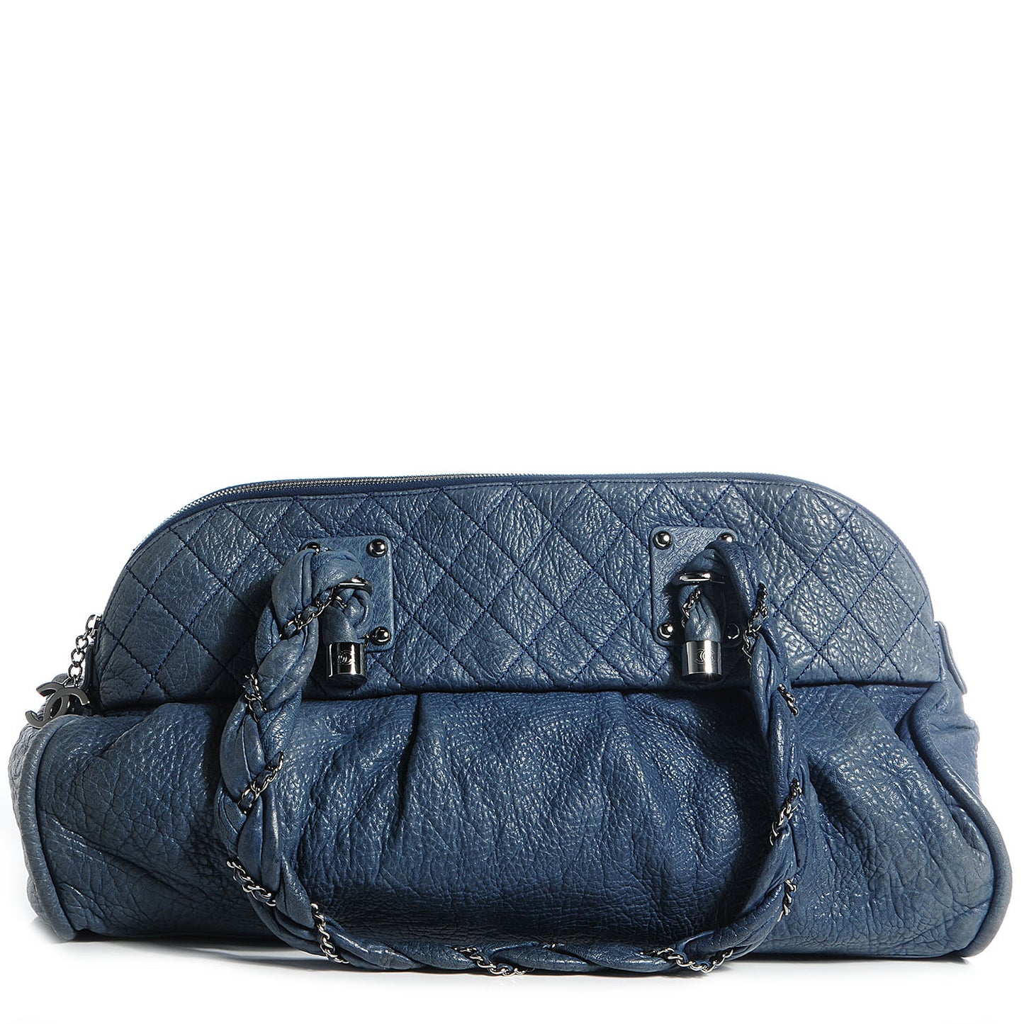 Distressed Lambskin Lady Braid Large Satchel Dark Blue