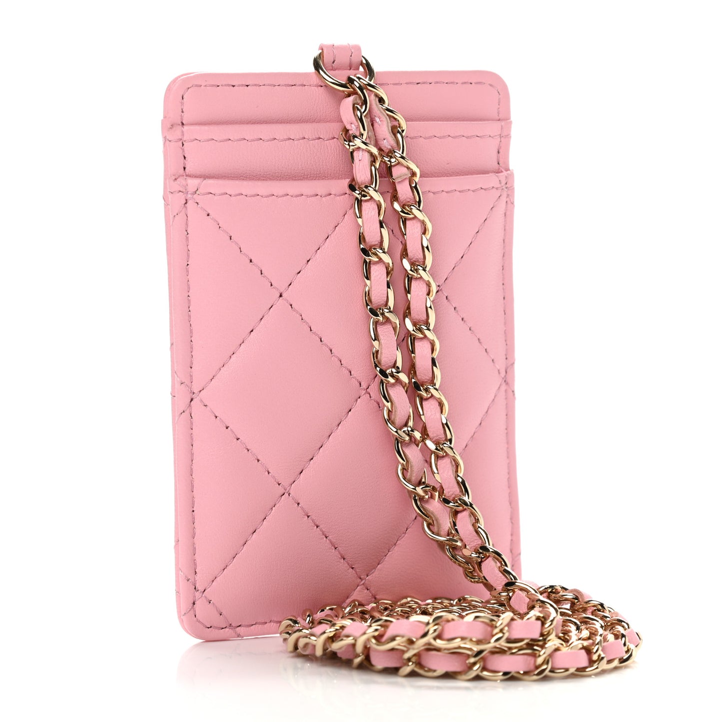 Lambskin Quilted Chanel Card Holder On Chain Pink