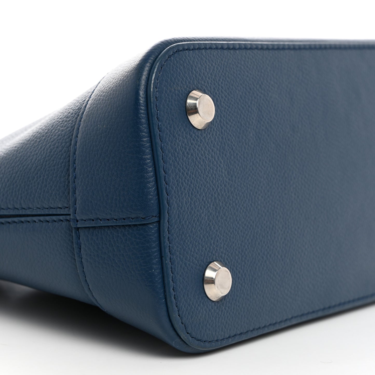 Signature Grained Calfskin Logo S Ville Top Handle Bag Petrol Blue White