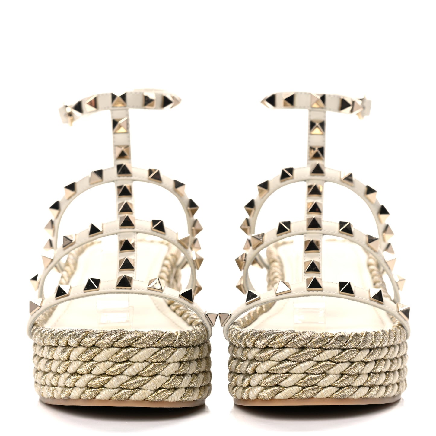 Calfskin Rockstud Ankle Strap Torchon Espadrille Caged 30/55mm Sandals 36 Light Ivory