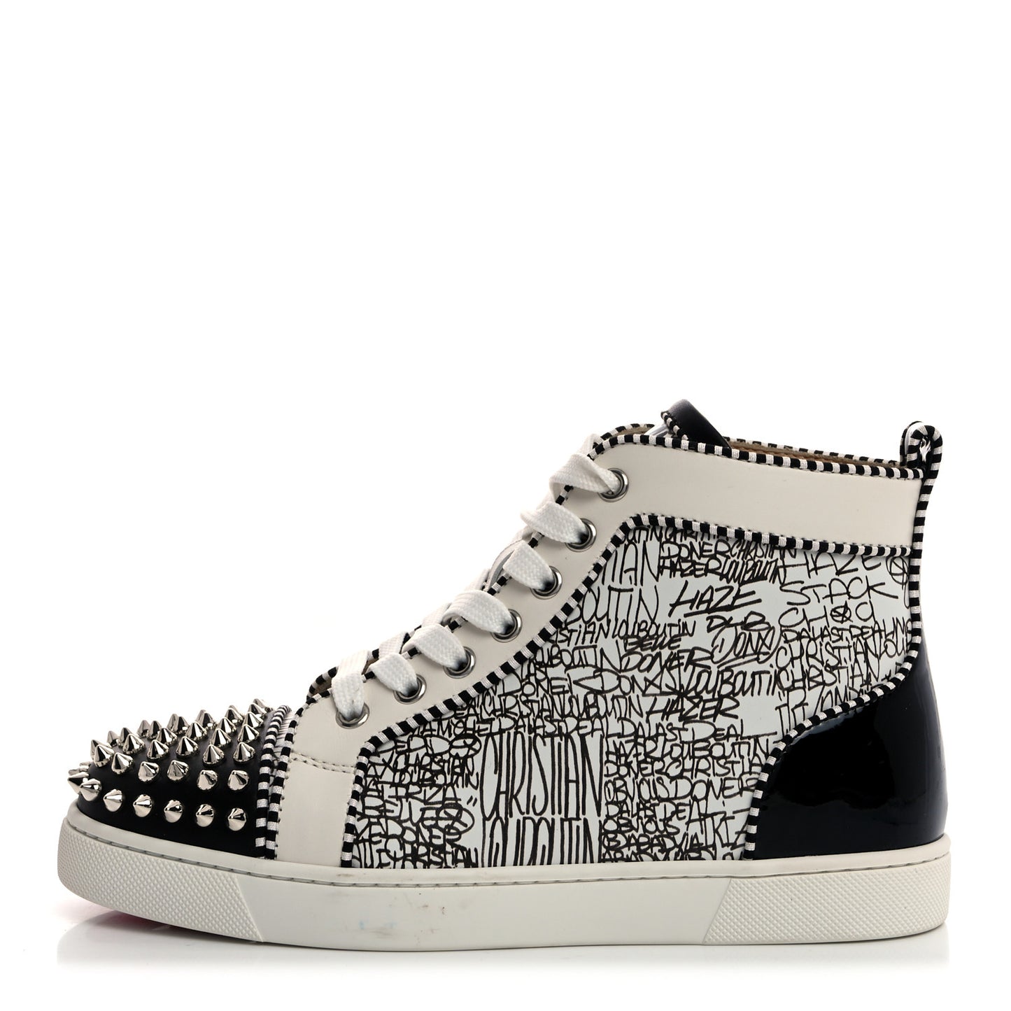 Mens Calfskin Lou Spikes Caligraf Orlato Flat Sneakers 36 White Black Silver