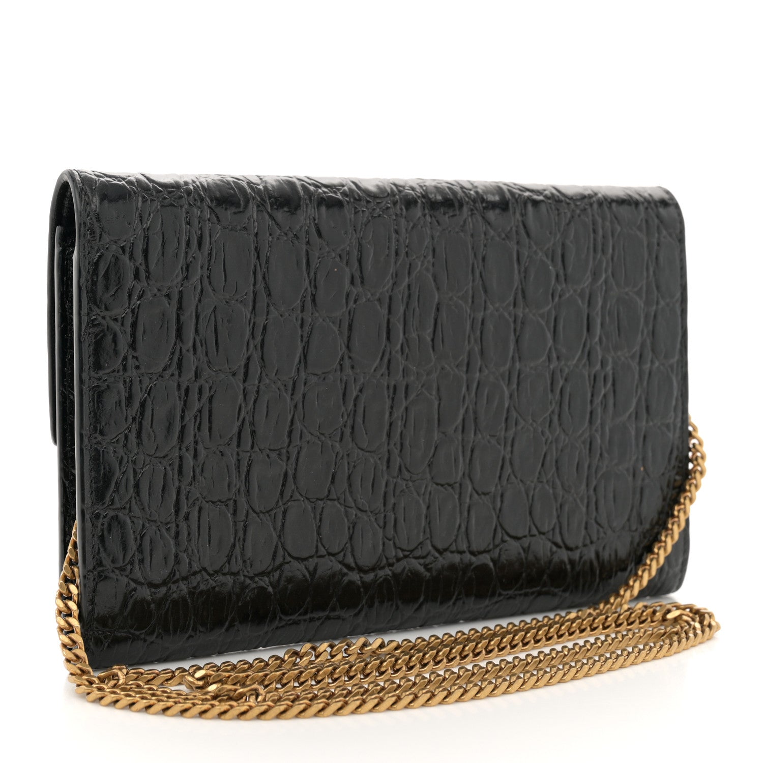 Saint Laurent Calfskin Crocodile Embossed Monogram Uptown Chain Wallet Black 3 of 13