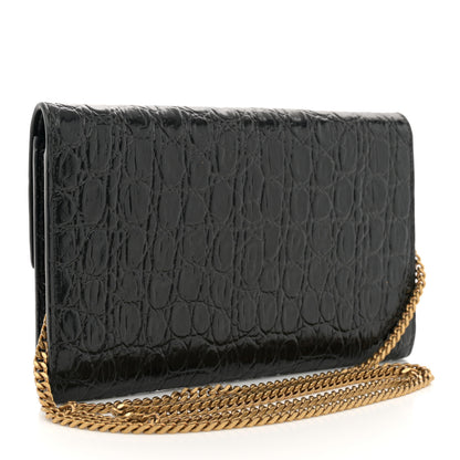 Saint Laurent Calfskin Crocodile Embossed Monogram Uptown Chain Wallet Black 3 of 13