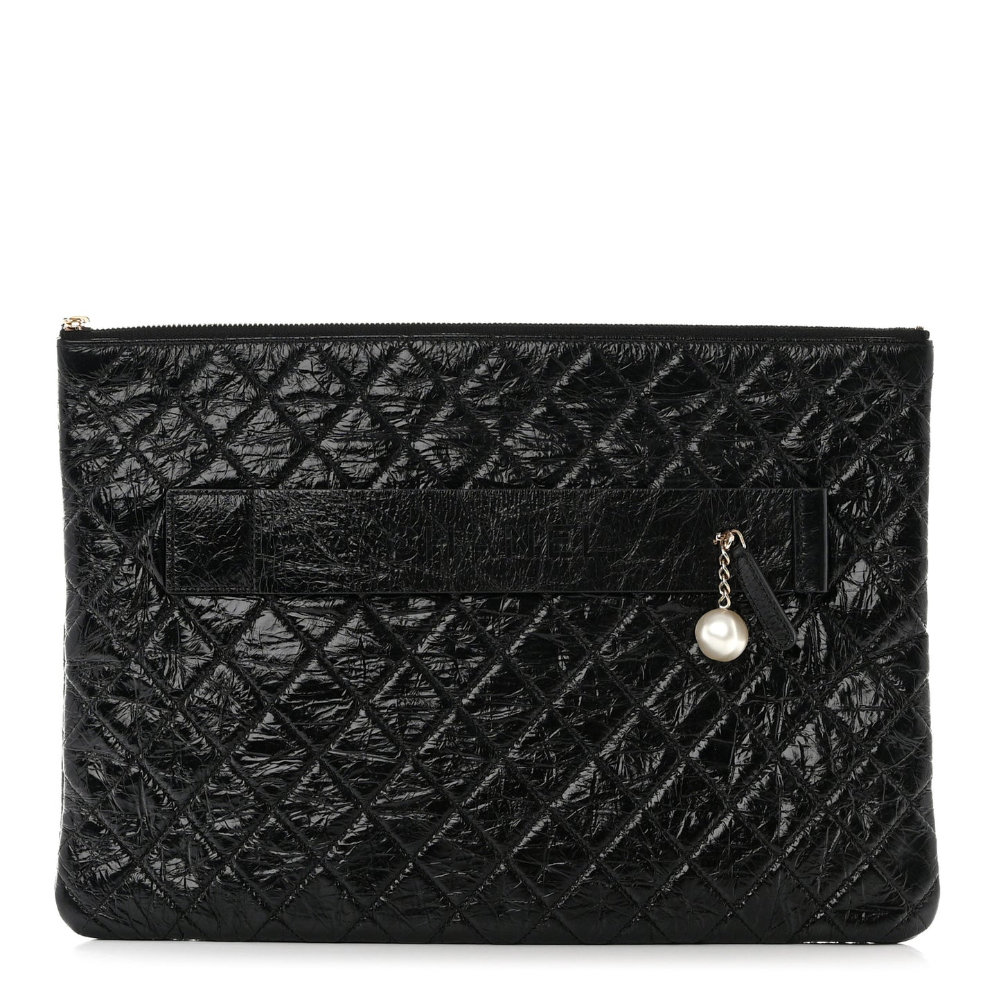 Shiny Crumpled Calfskin Quilted Medium Night by the C Pouch Clutch Black