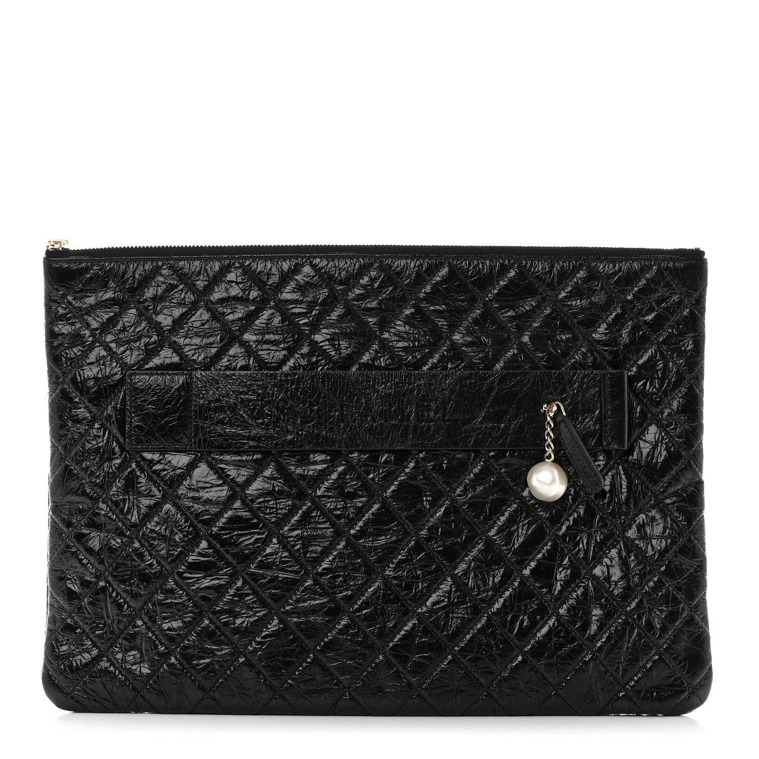 Chanel Shiny Crumpled Calfskin Quilted Medium Night by the C Pouch Clutch Black 1 of 8