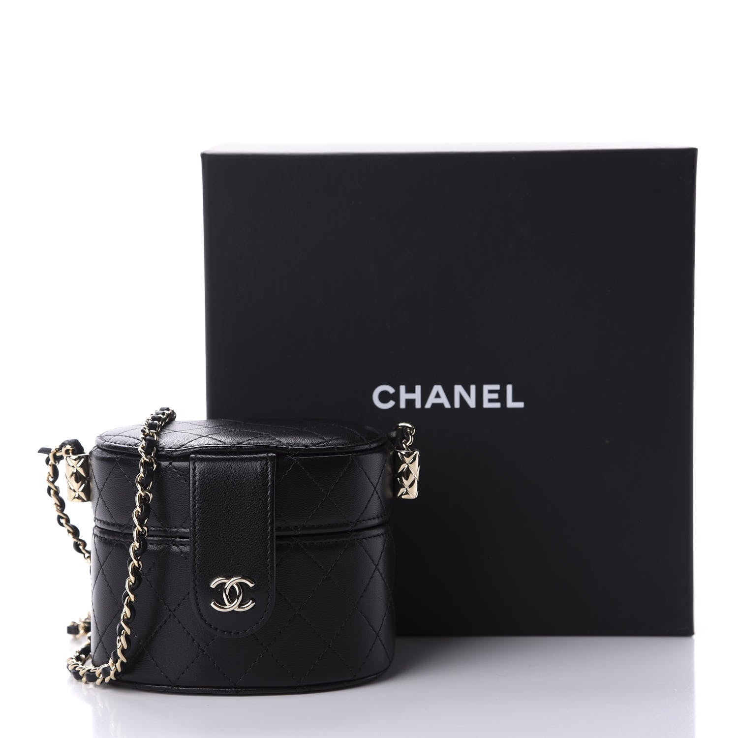 Chanel Lambskin Quilted Mini Round Vanity Case With Chain Black 12 of 12