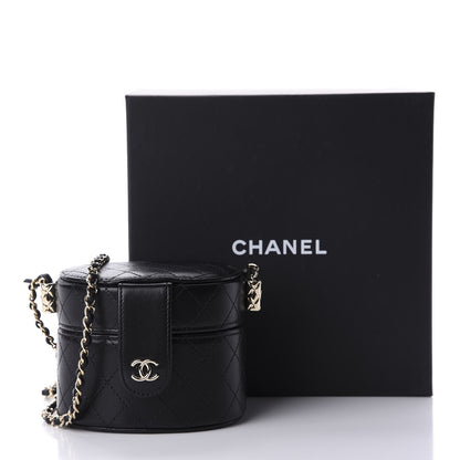 Chanel Lambskin Quilted Mini Round Vanity Case With Chain Black 12 of 12