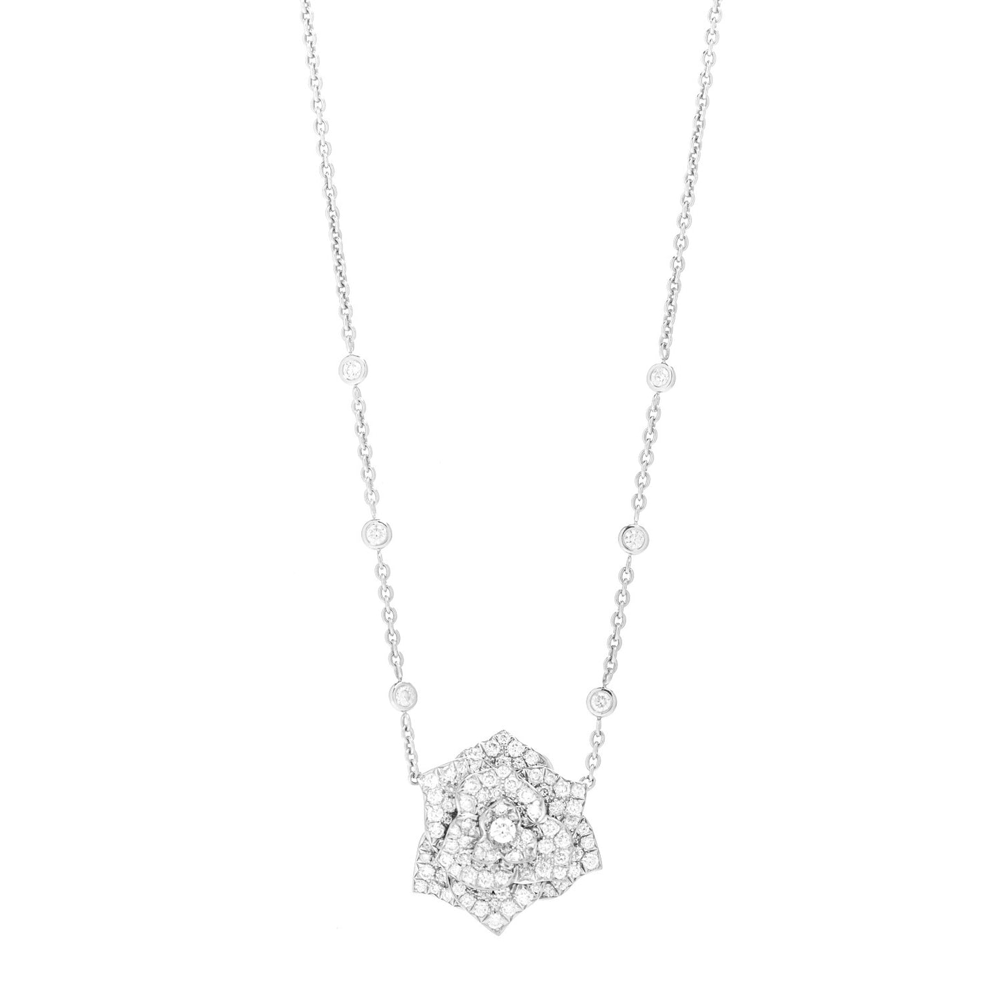 18K White Gold Diamond Rose Pendant Necklace