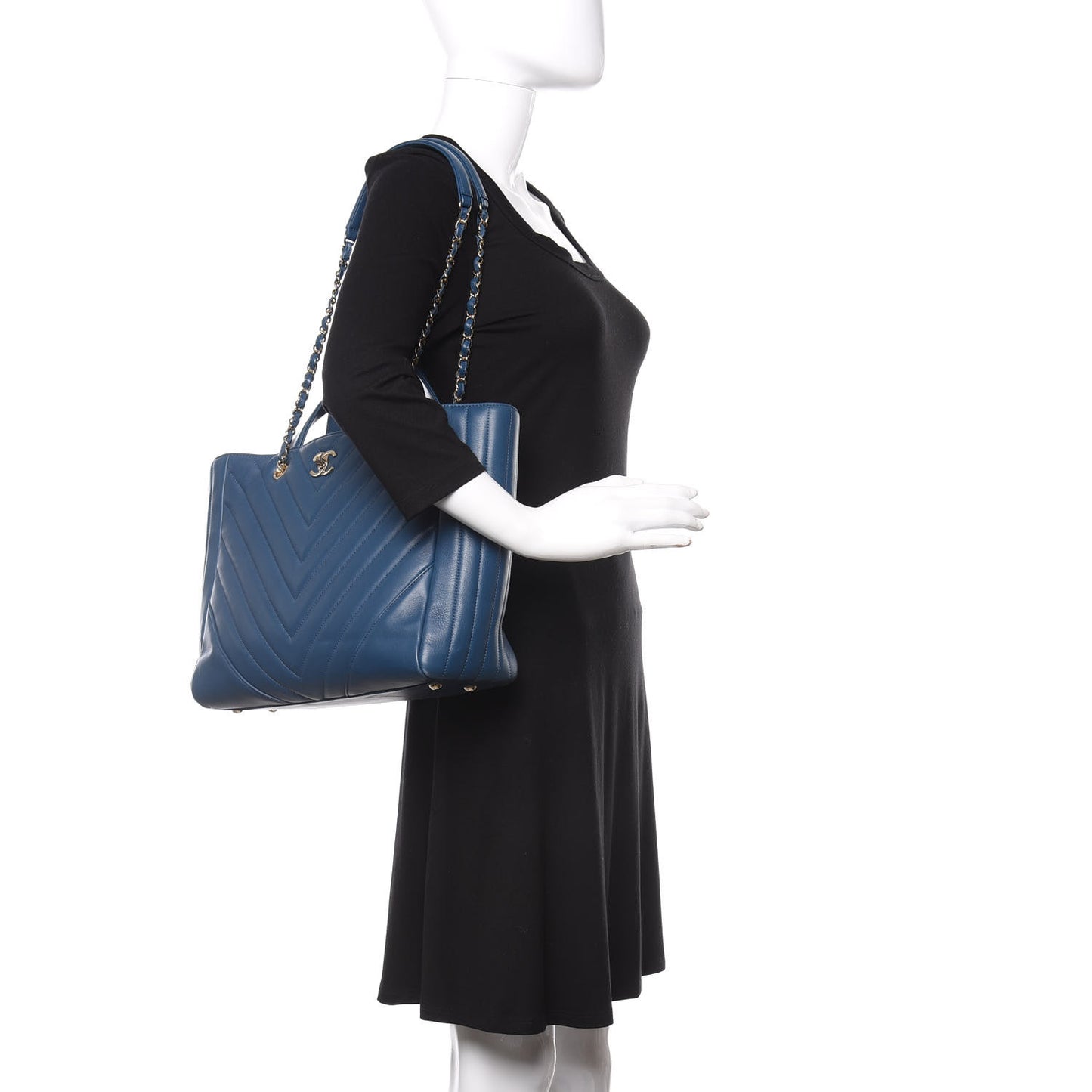 Calfskin Chevron Quilted Statement Shopping Tote Blue