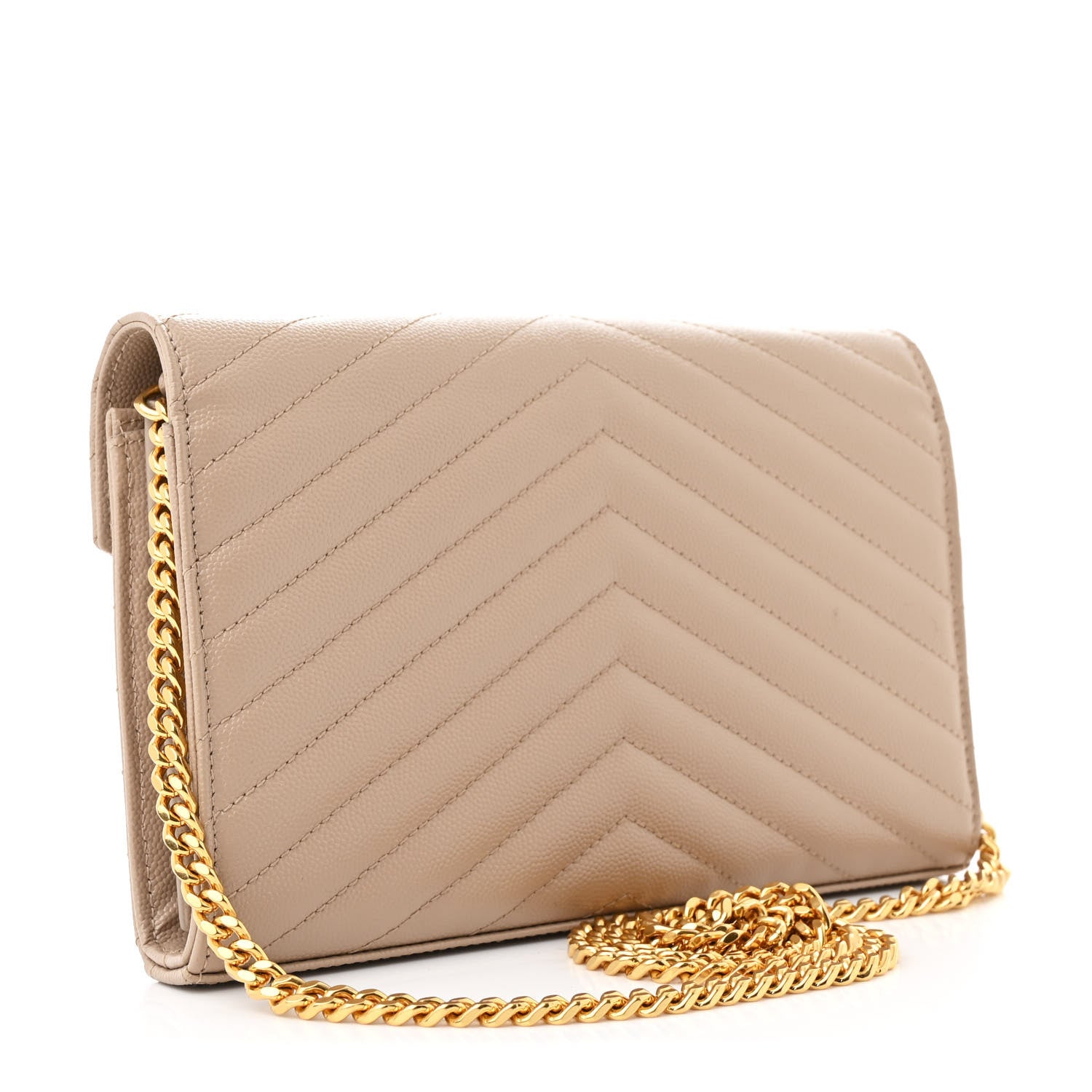 Saint Laurent Grain De Poudre Matelasse Chevron Monogram Chain Wallet Dark Beige 3 of 12