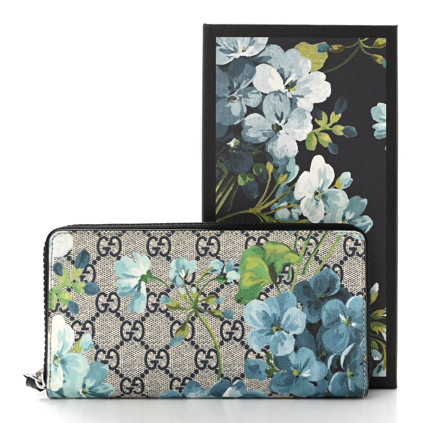 GG Supreme Monogram Blooms Zip Around Wallet Blue