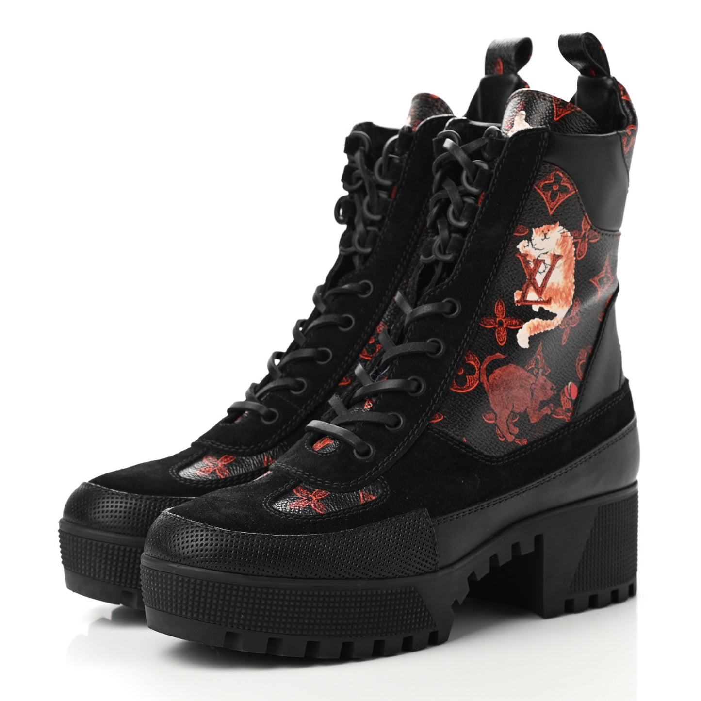 Suede Calfskin Catogram Laureate Platform Desert Boots 38.5 Black Marron