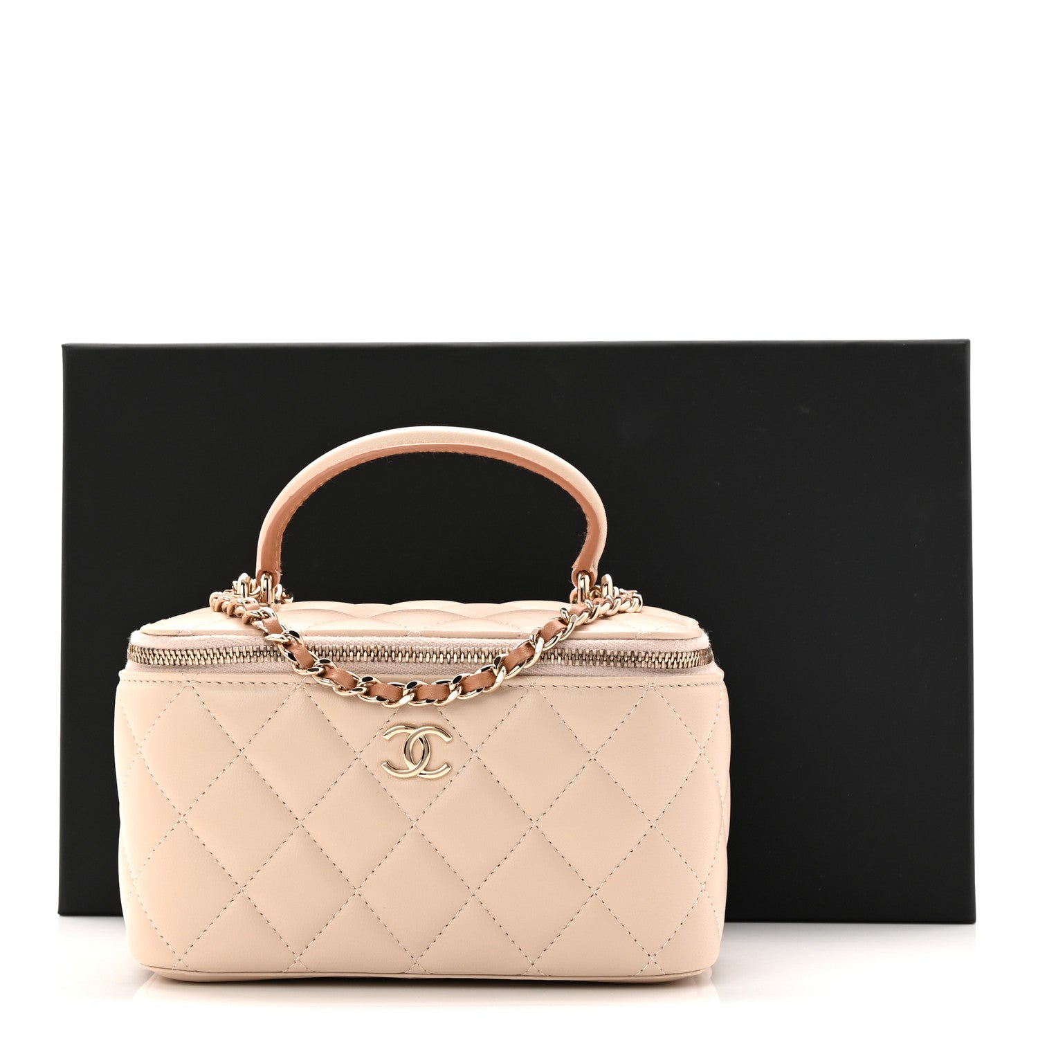 Chanel Lambskin Quilted Small Top Handle Vanity Case With Chain Ecru Dark Beige 11 of 11