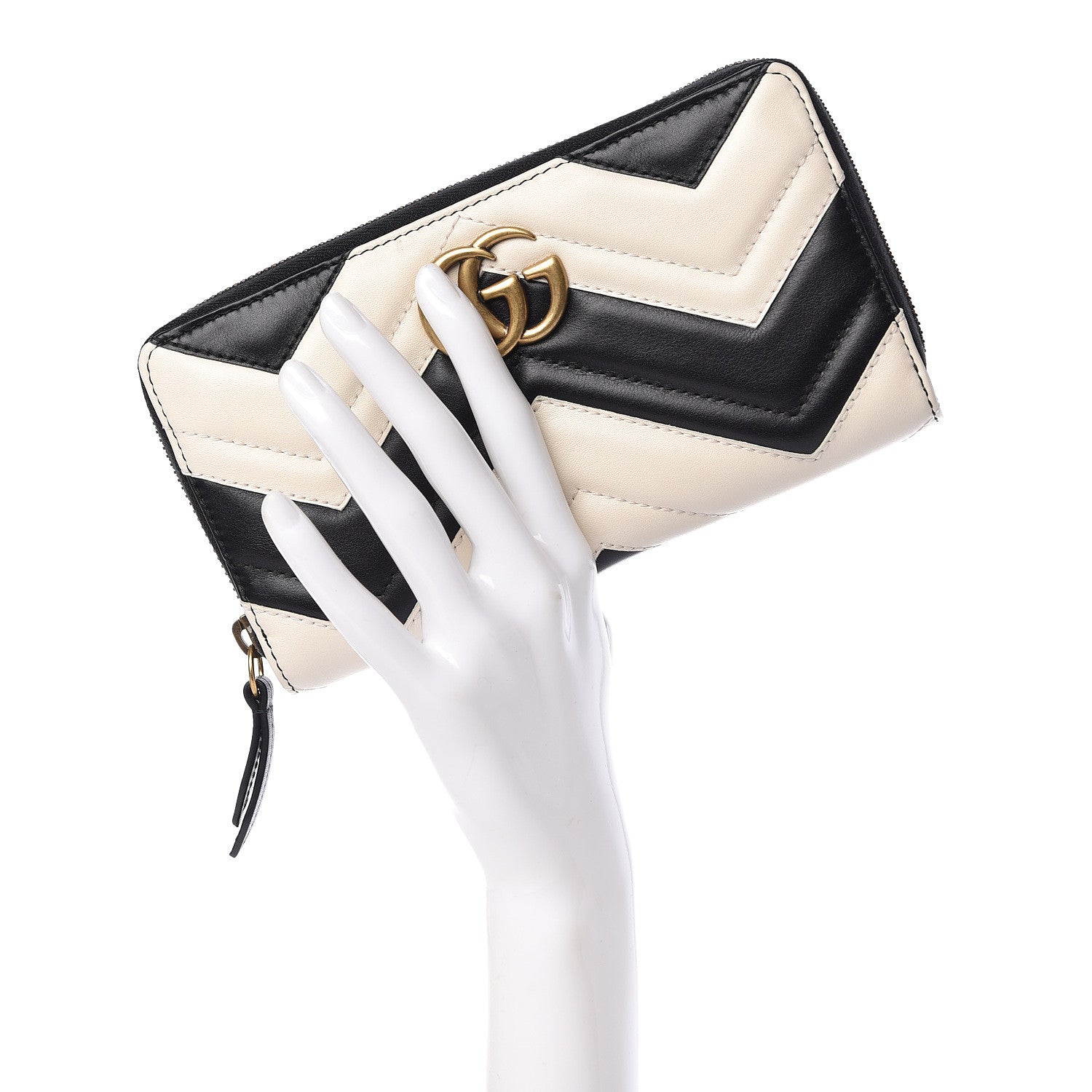 Gucci Calfskin Matelasse GG Marmont Zip Around Wallet Black White 2 of 8