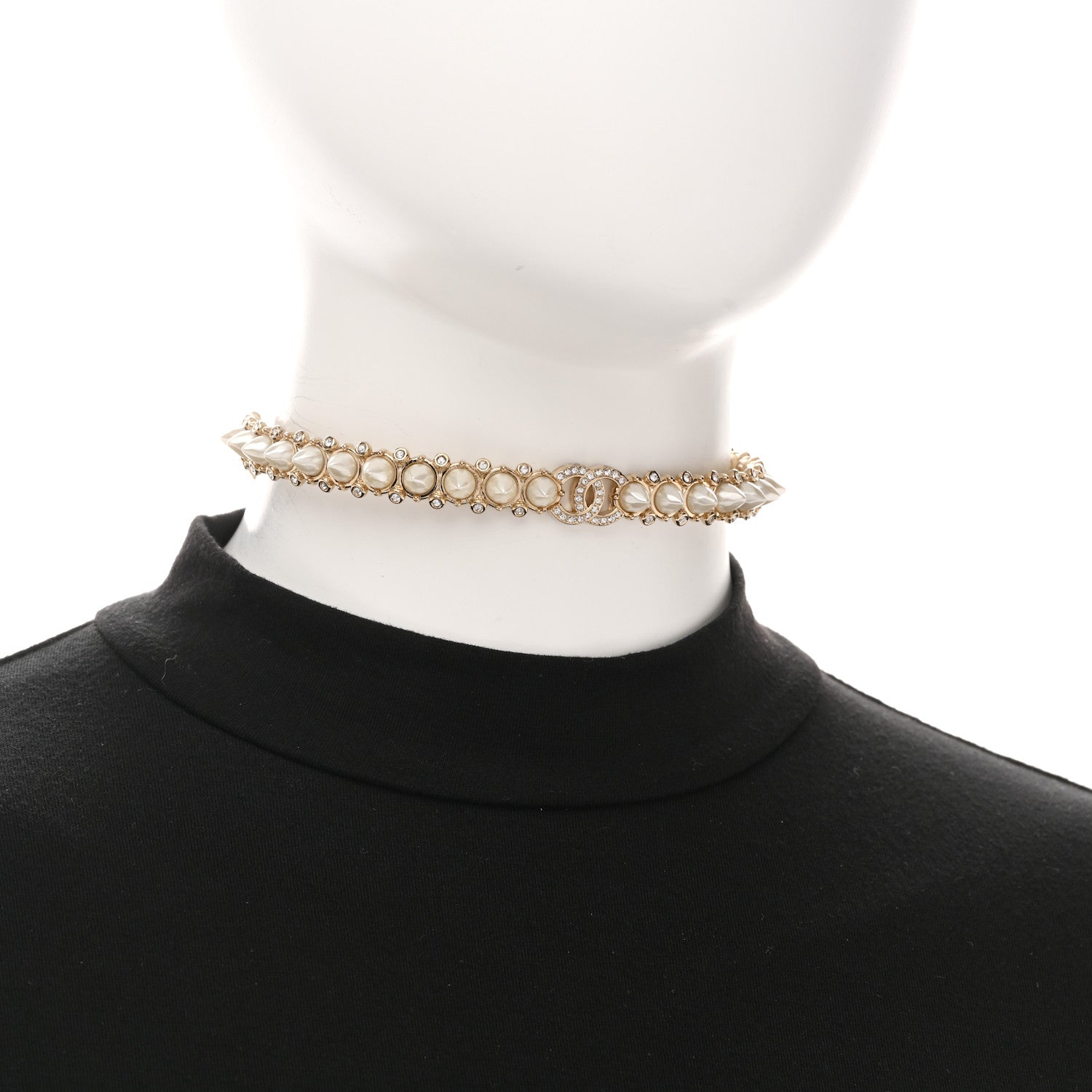 Chanel Spike Pearl Crystal CC Choker Necklace Gold Pearly White 2 of 5