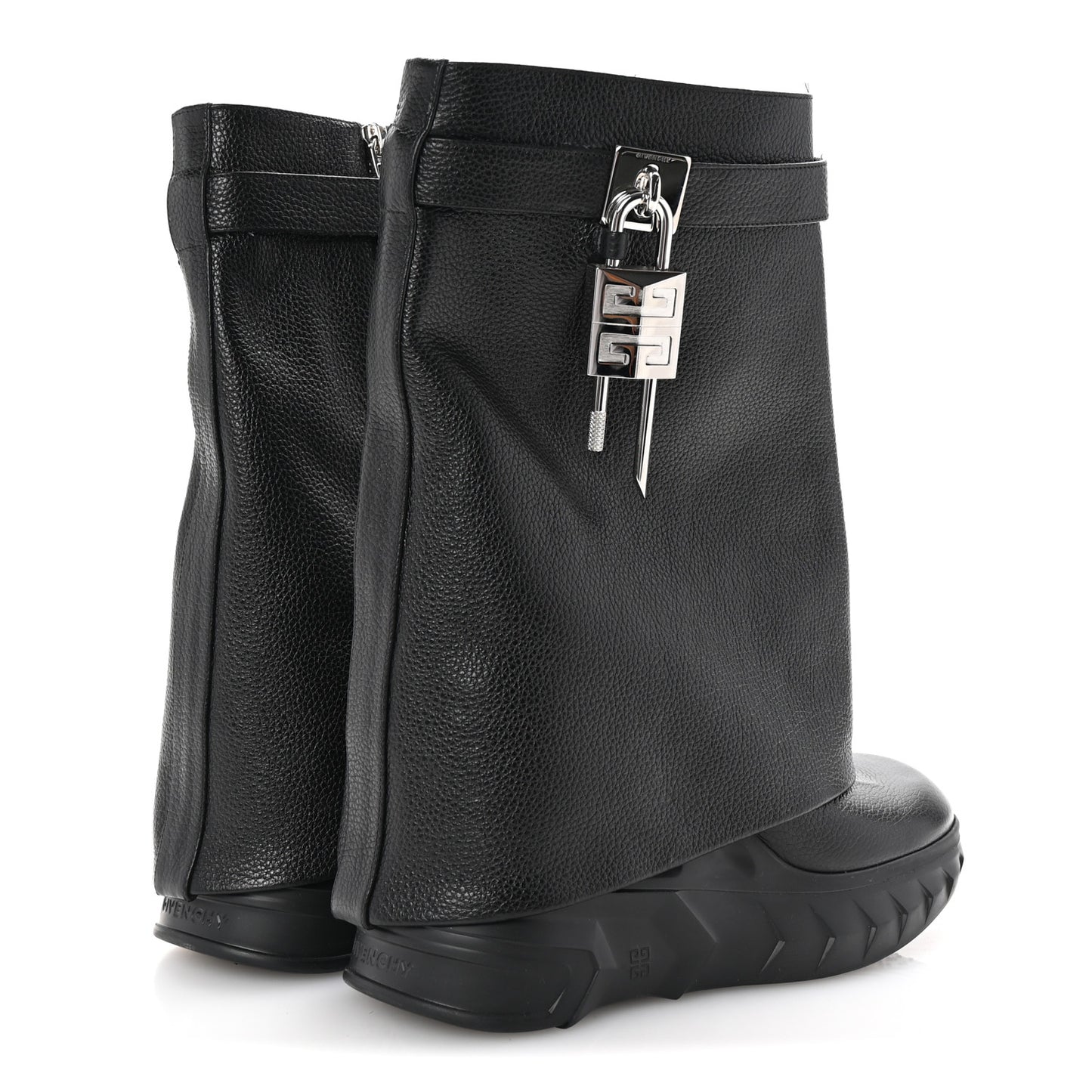 Grained Calfskin Shark Lock Biker Ankle Boots 38 Black