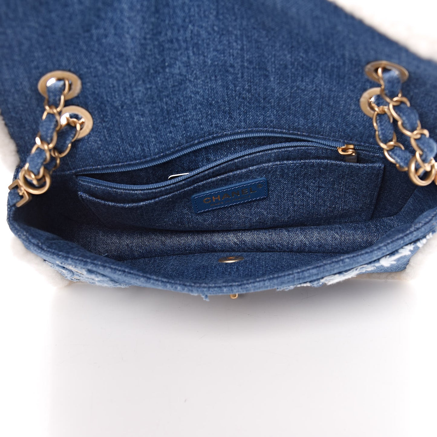 Denim Shearling Hieroglyph Flap Blue