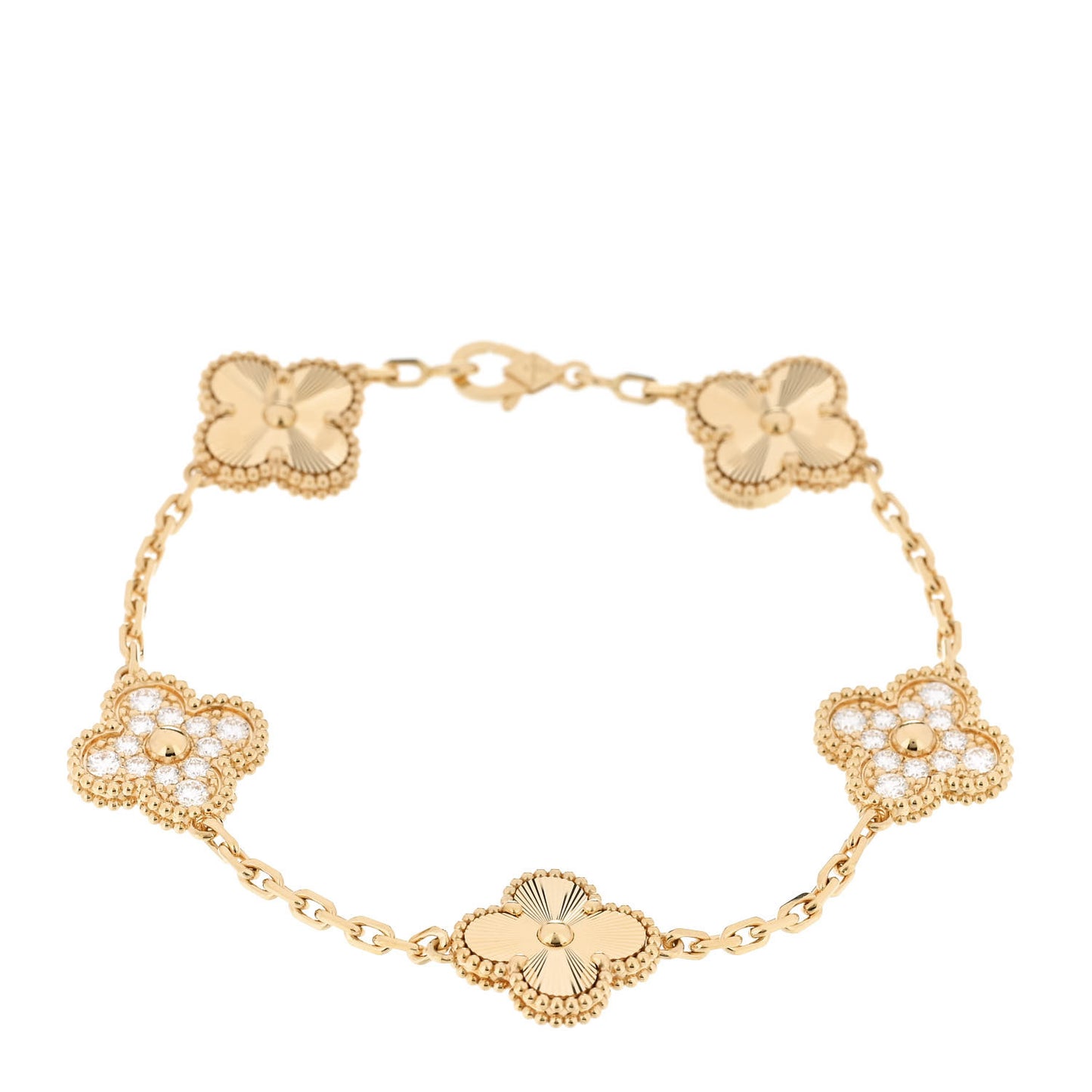 18K Yellow Gold Diamond 5 Motifs Guilloche Vintage Alhambra Bracelet