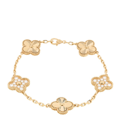 Van Cleef & Arpels 18K Yellow Gold Diamond 5 Motifs Guilloche Vintage Alhambra Bracelet 1 of 6