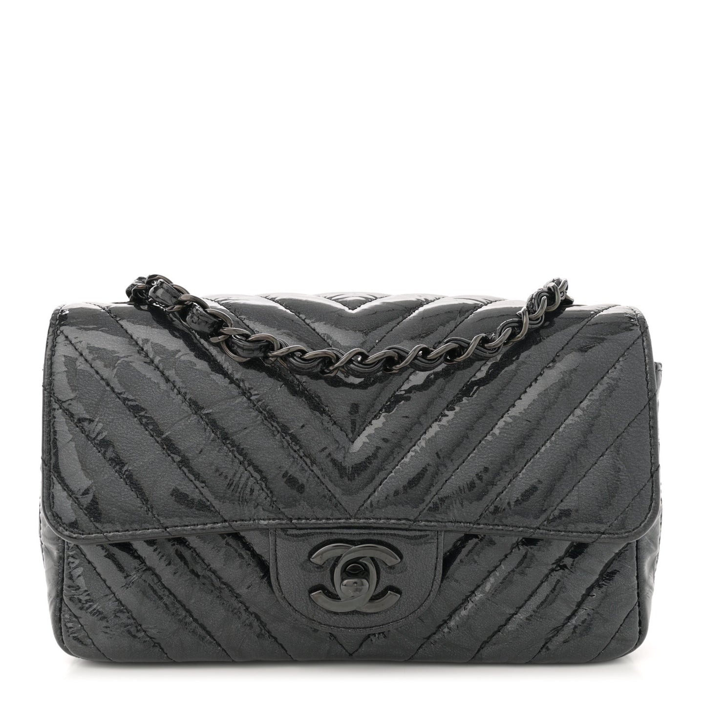 Patent Metallic Crumpled Calfskin Chevron Quilted Mini Rectangular Flap So Black