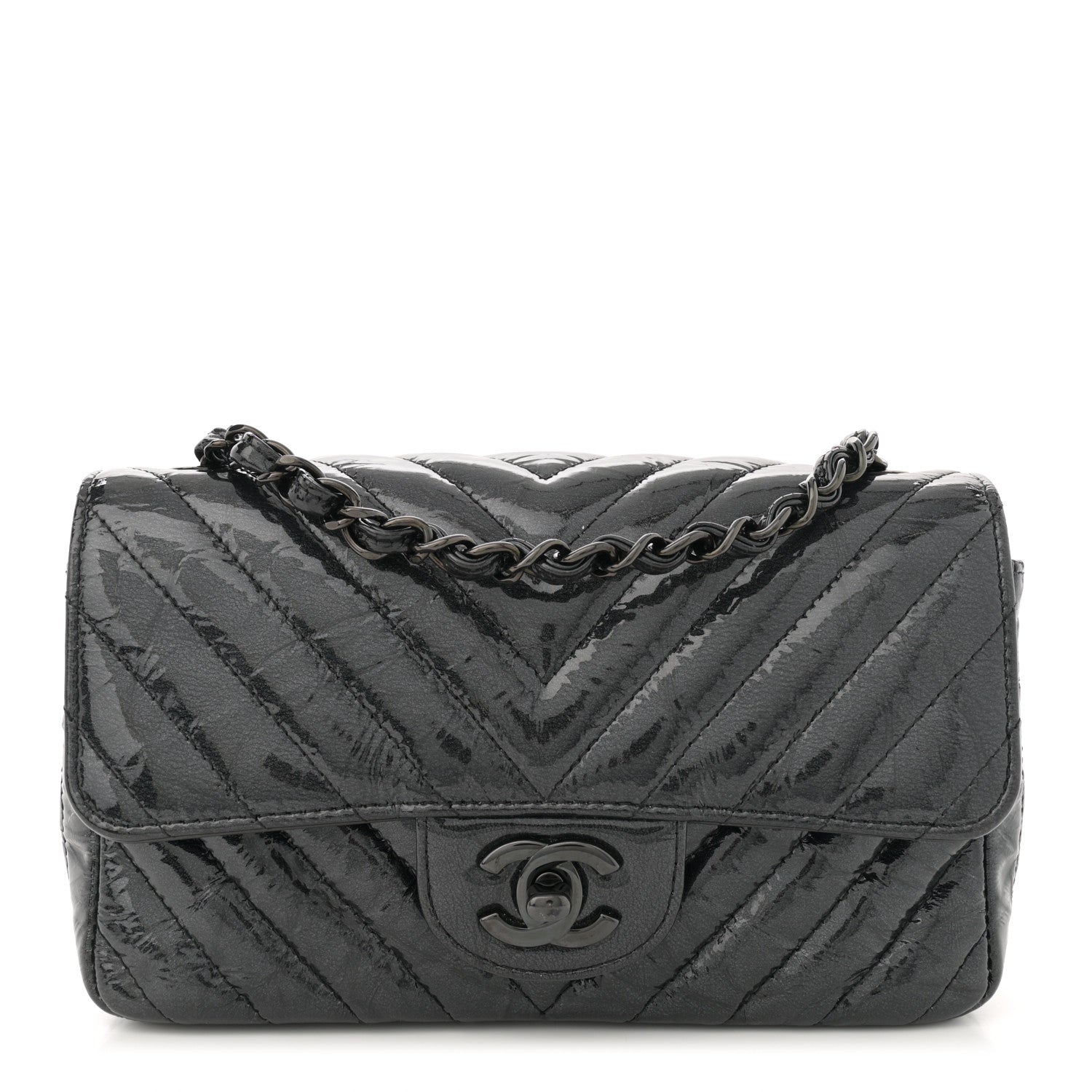 Chanel Patent Metallic Crumpled Calfskin Chevron Quilted Mini Rectangular Flap So Black 1 of 10