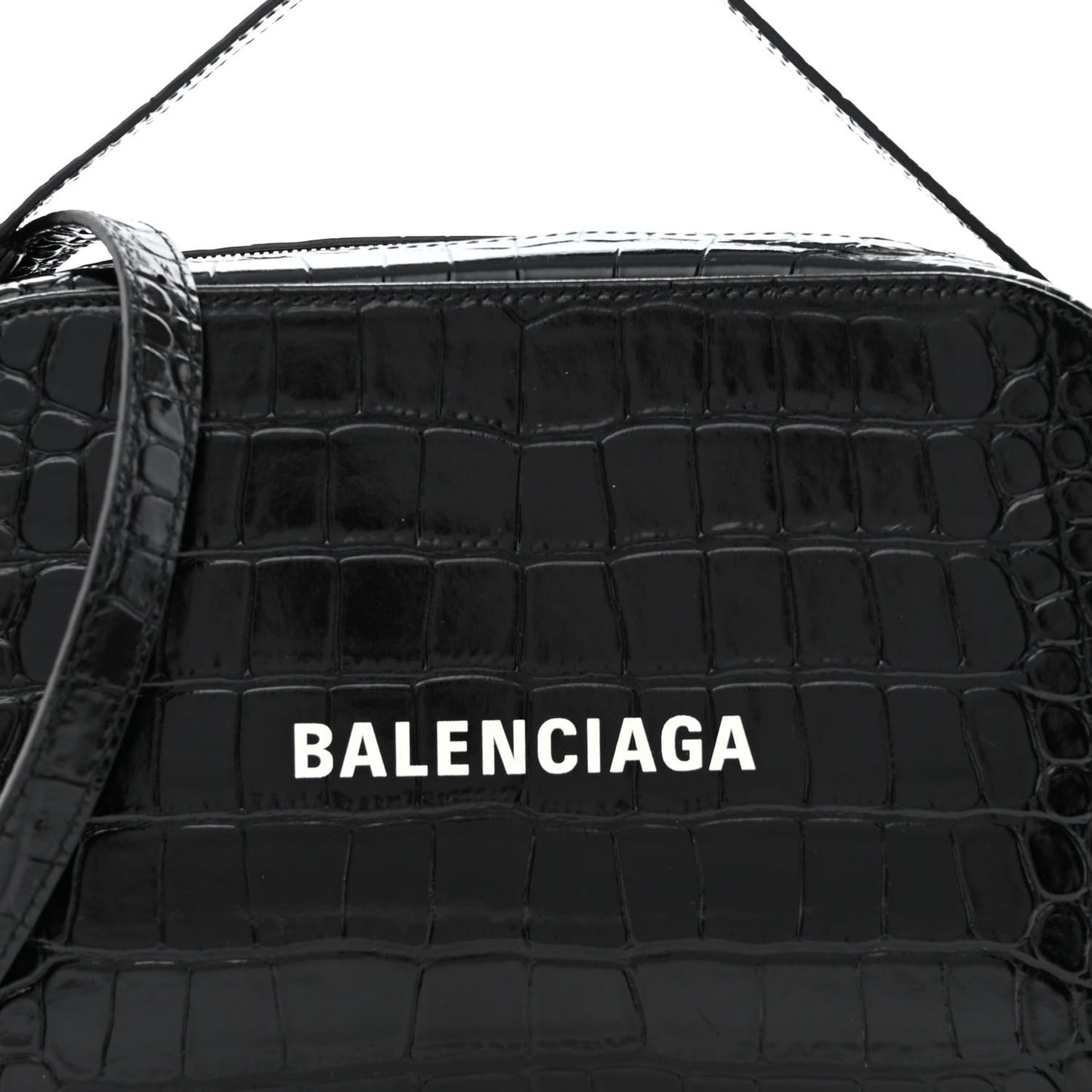 Shiny Calfskin Logo Crocodile Embossed S Everyday Camera Bag with Handle Black