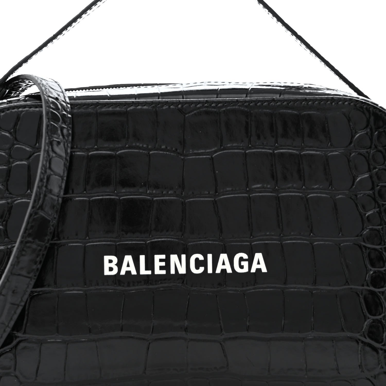 Balenciaga Shiny Calfskin Logo Crocodile Embossed S Everyday Camera Bag with Handle Black 7 of 10