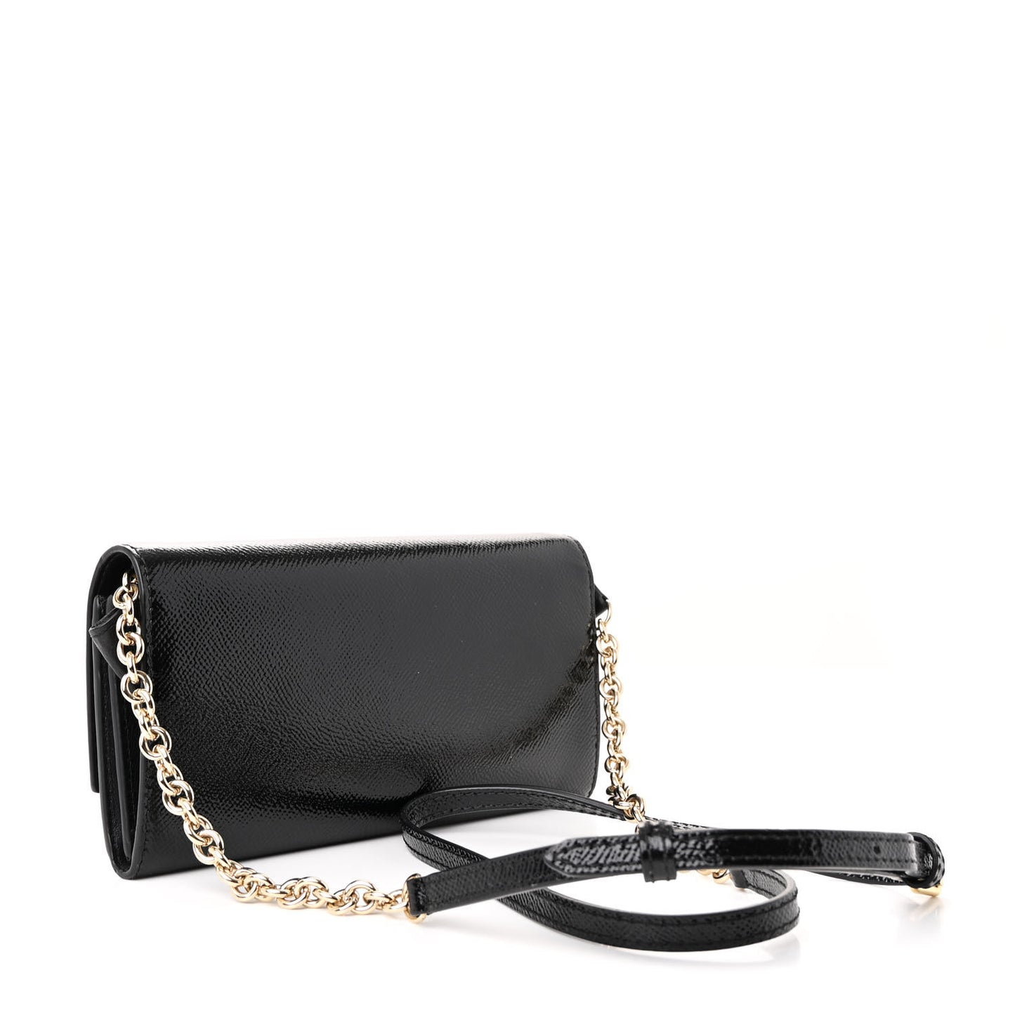 Patent Grainy Calfskin Henley Wallet On Chain Black