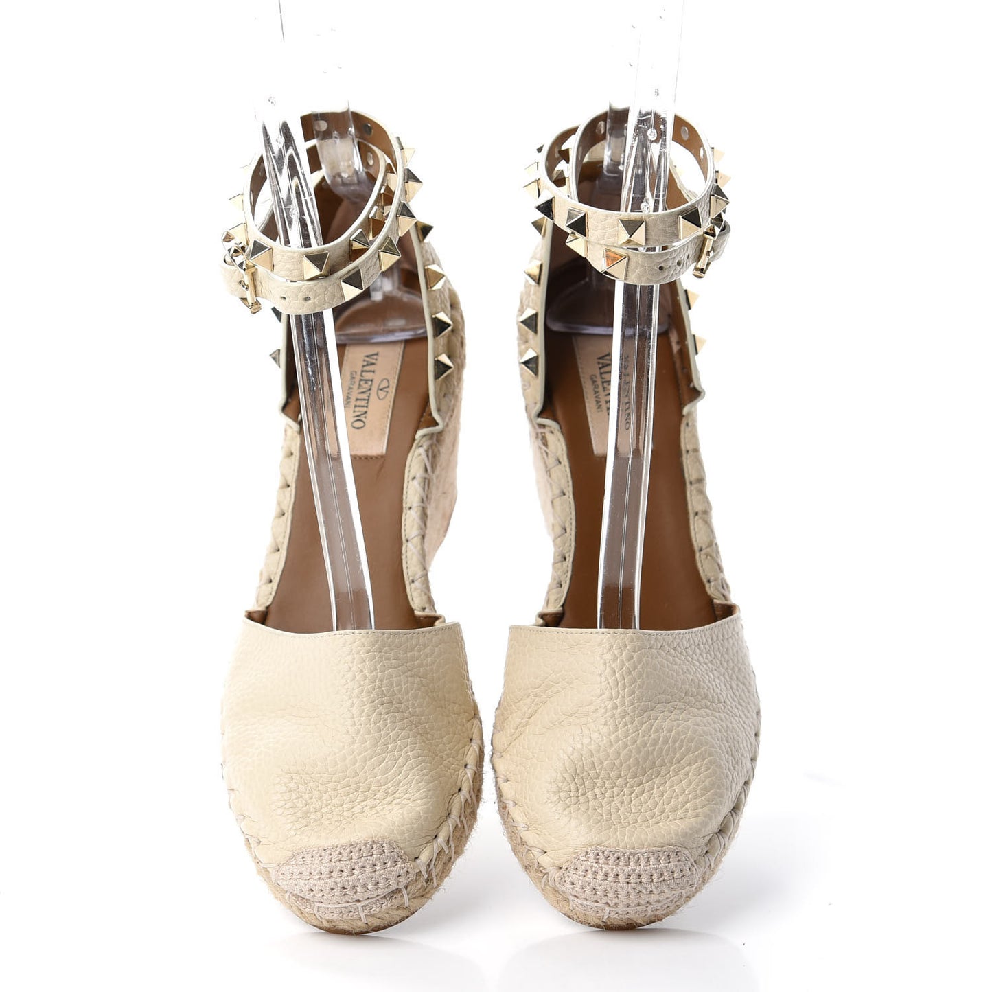 Grained Calfskin Rockstud Ankle Wrap Espadrille 15/85mm Wedges 36 Light Ivory