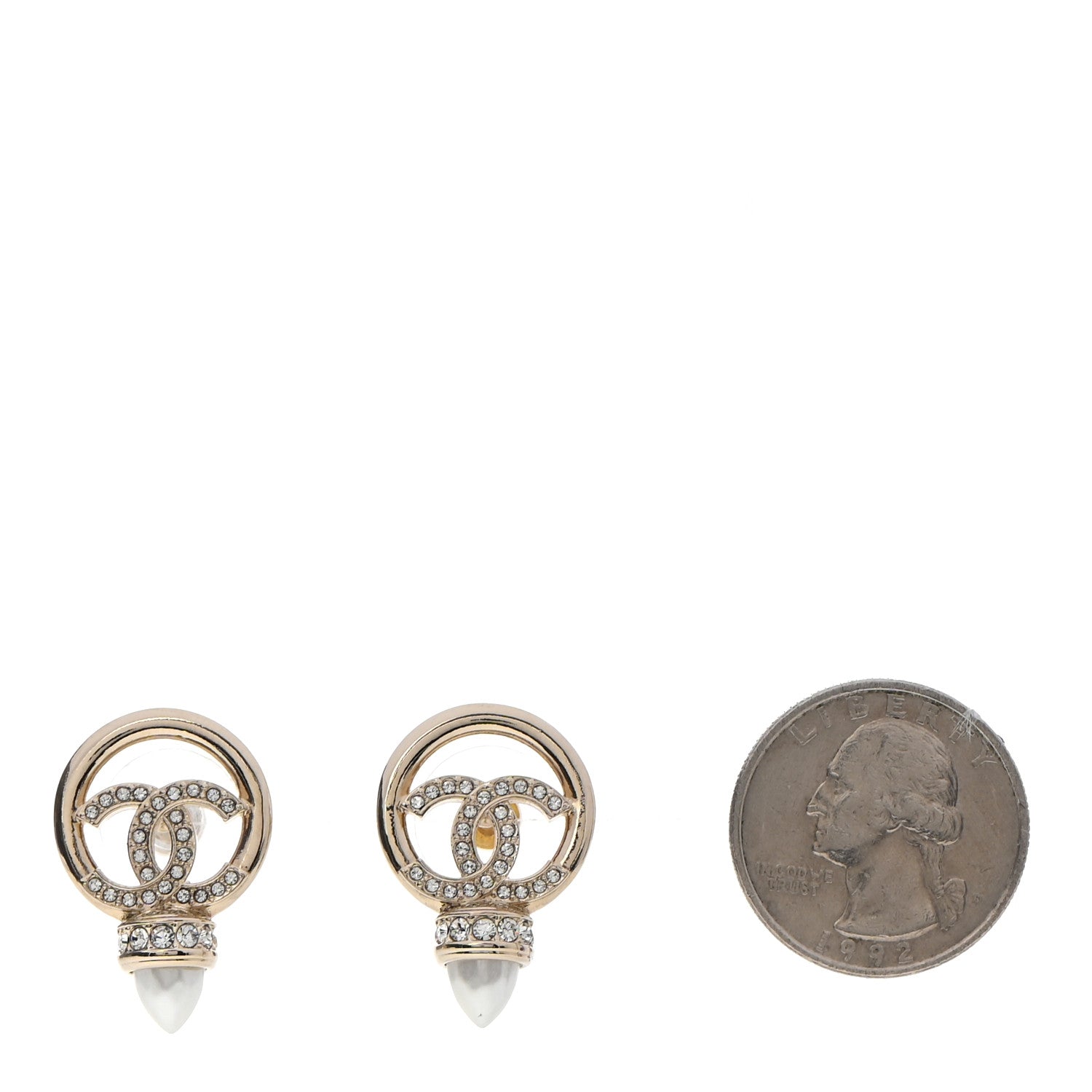Chanel Crystal Pearl CC Round Drop Earrings Gold 2 of 5
