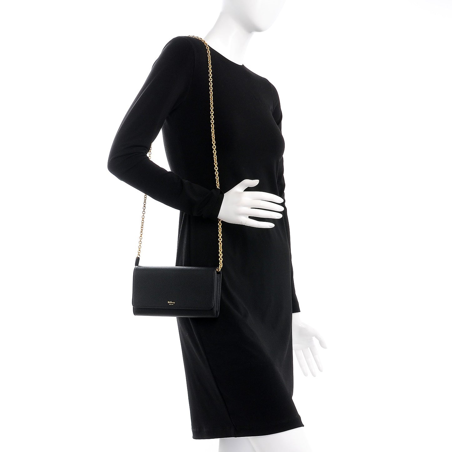 Small Classic Grain Calfskin Continental Clutch Chain Wallet Black