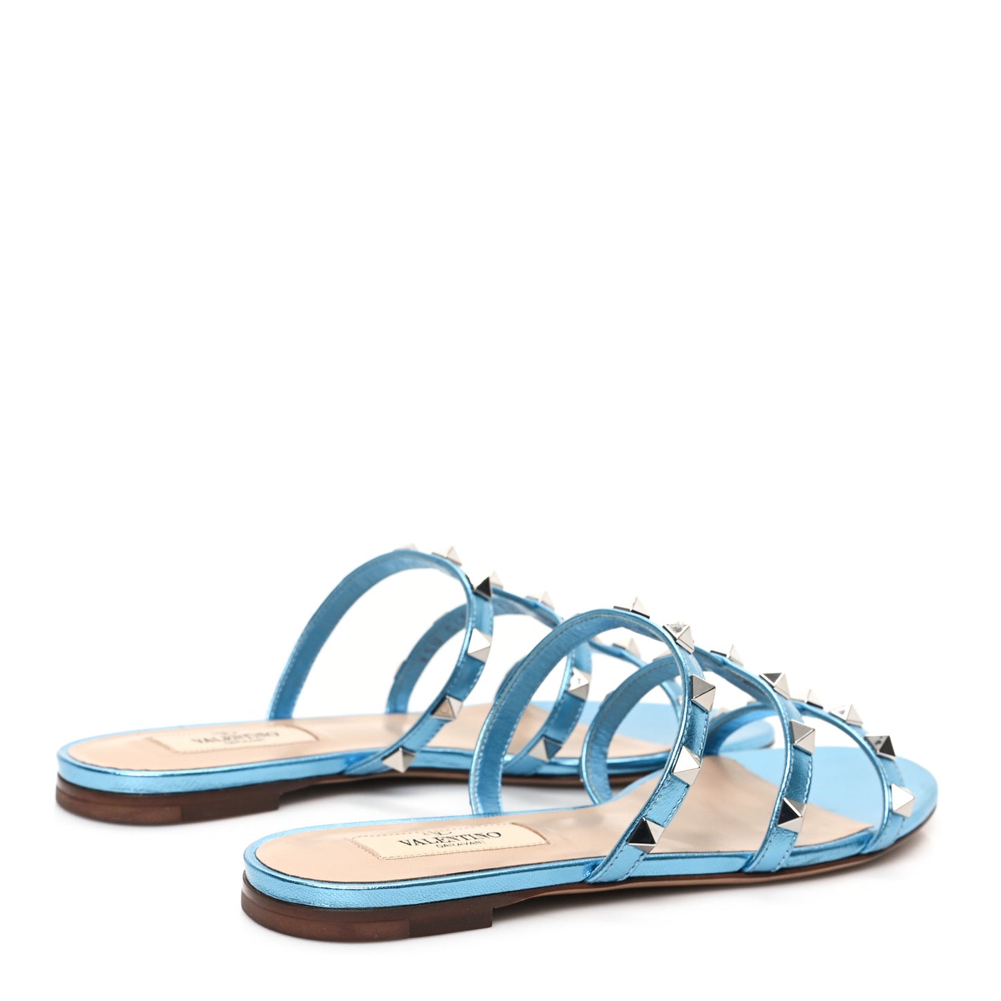 Metallic Nappa Rockstud Caged Flat Slide Sandals 36 Cerulean
