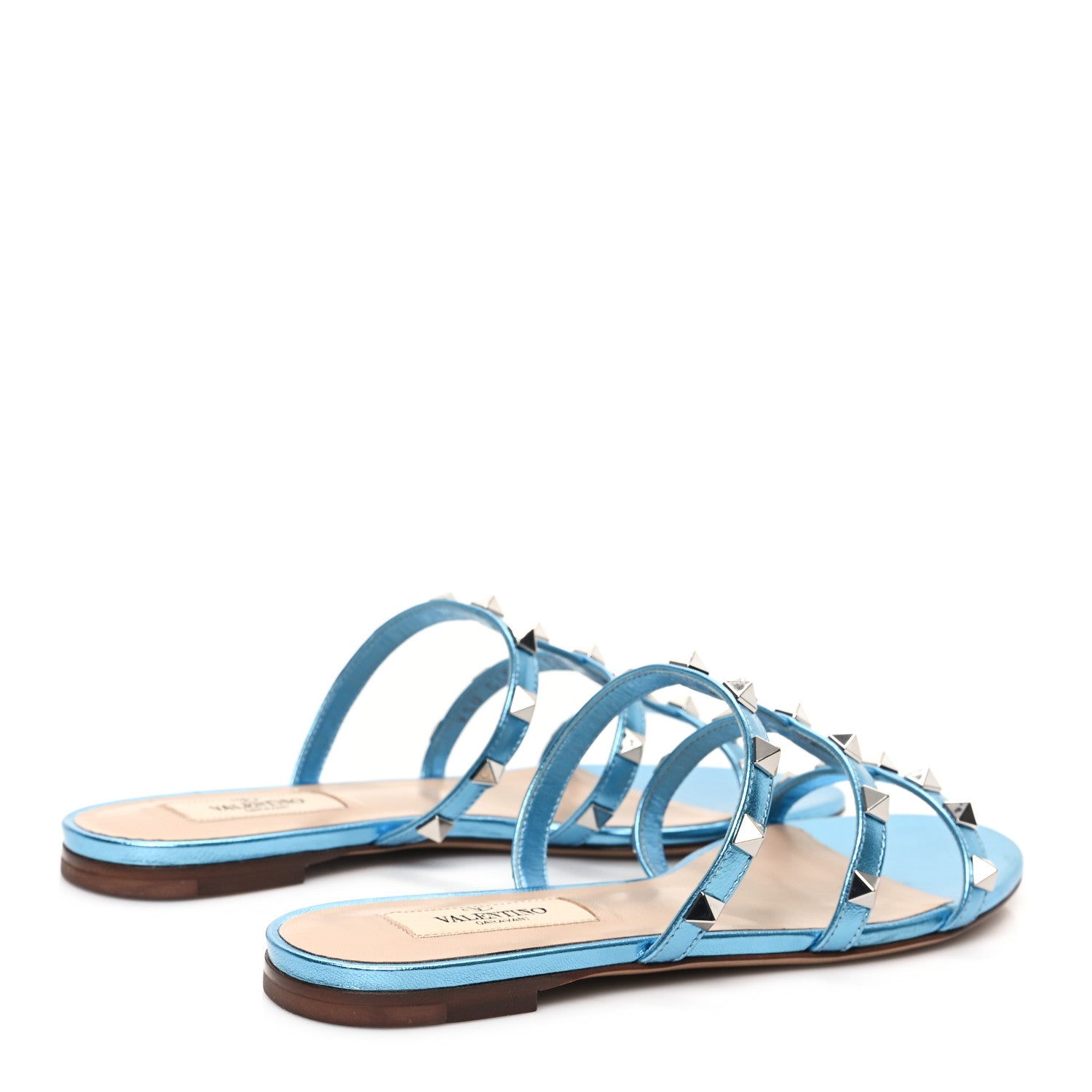 Valentino Garavani Metallic Nappa Rockstud Caged Flat Slide Sandals 36 Cerulean 4 of 9