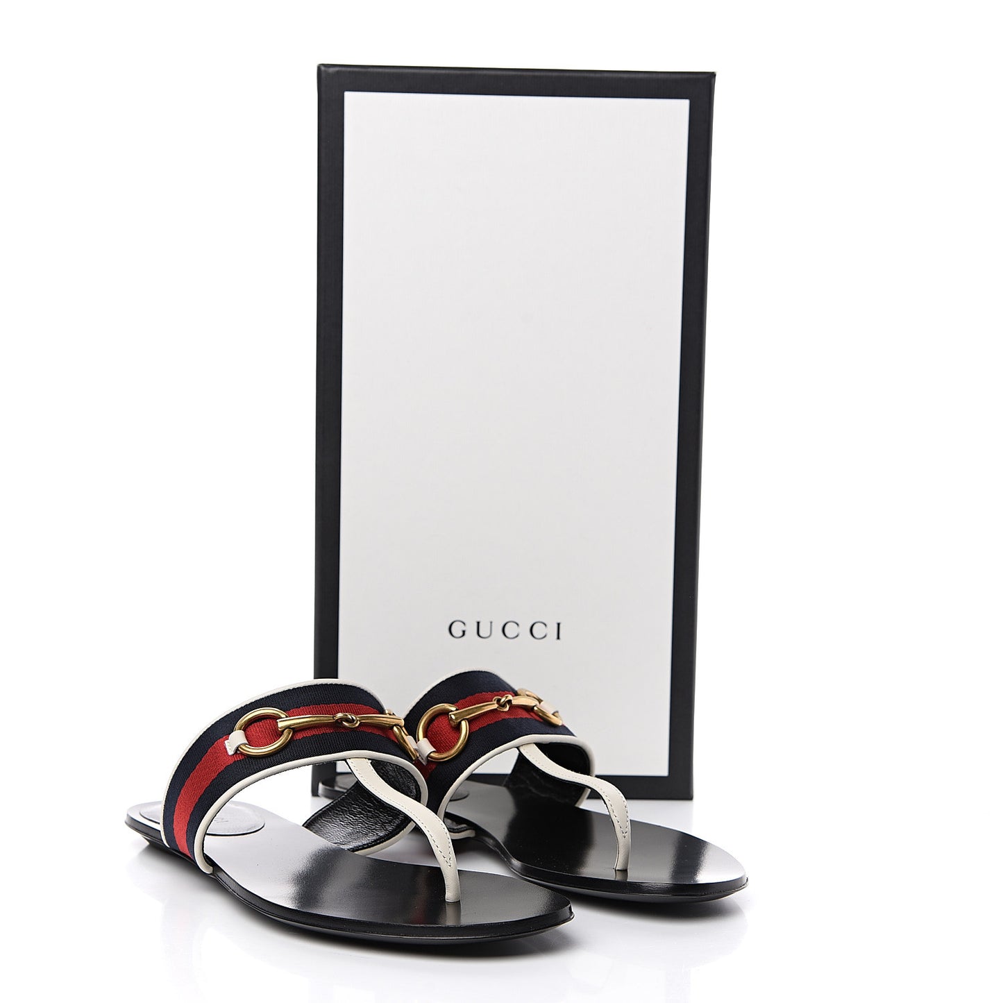 Calfskin Horsebit Web Thong Sandals 37.5 White Black
