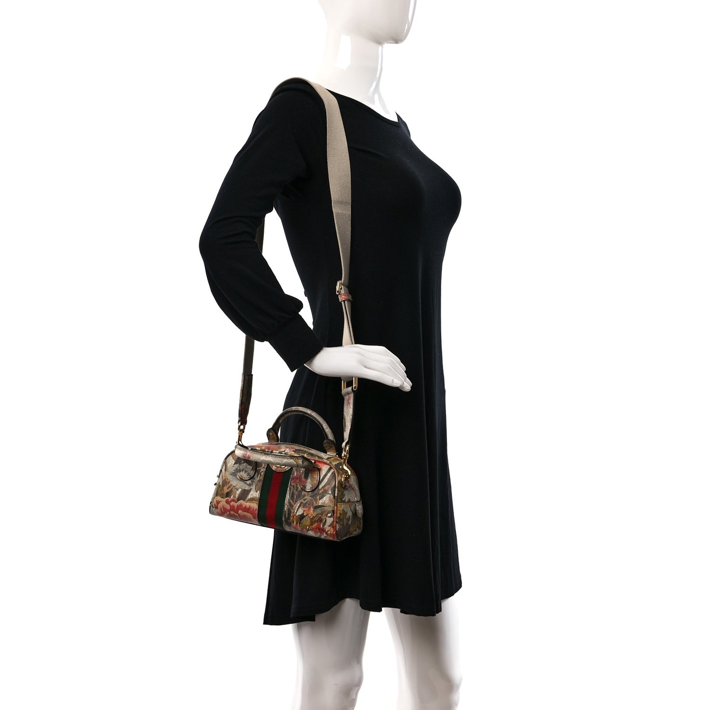 GG Supreme Monogram Water Flora Web Mini Ophidia Top Handle Bowler Bag Beige White Multicolor